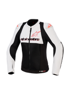 Veste Alpinestars Stella SMX Air, veste de moto pour femme, Gris Glacé, Noir et Corail Fluo, vue de face avec panneaux en textile perforé et mesh, logo Alpinestars corail sur la poitrine et sliders d'épaules