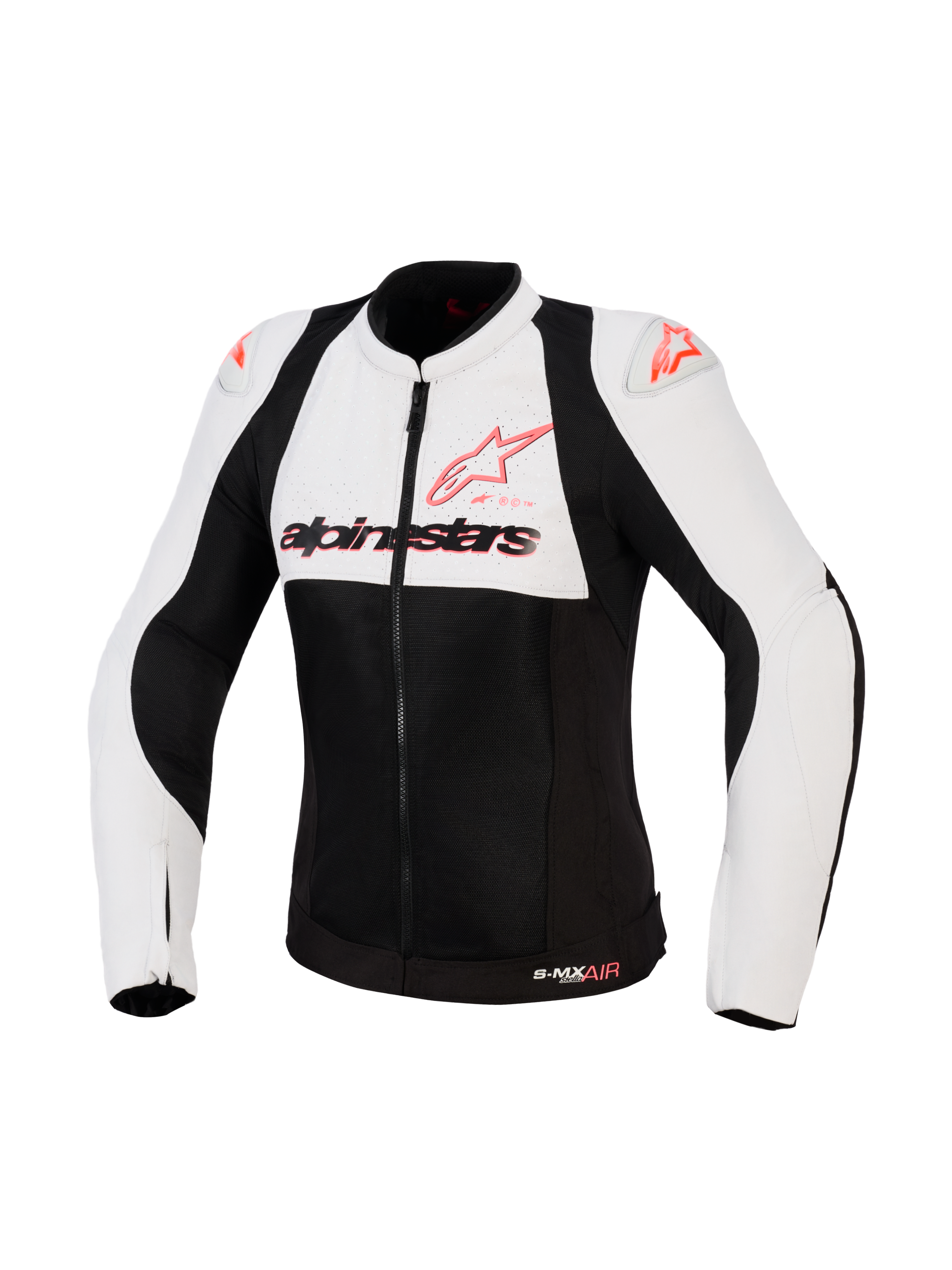 Veste Alpinestars Stella SMX Air, veste de moto pour femme, Gris Glacé, Noir et Corail Fluo, vue de face avec panneaux en textile perforé et mesh, logo Alpinestars corail sur la poitrine et sliders d'épaules