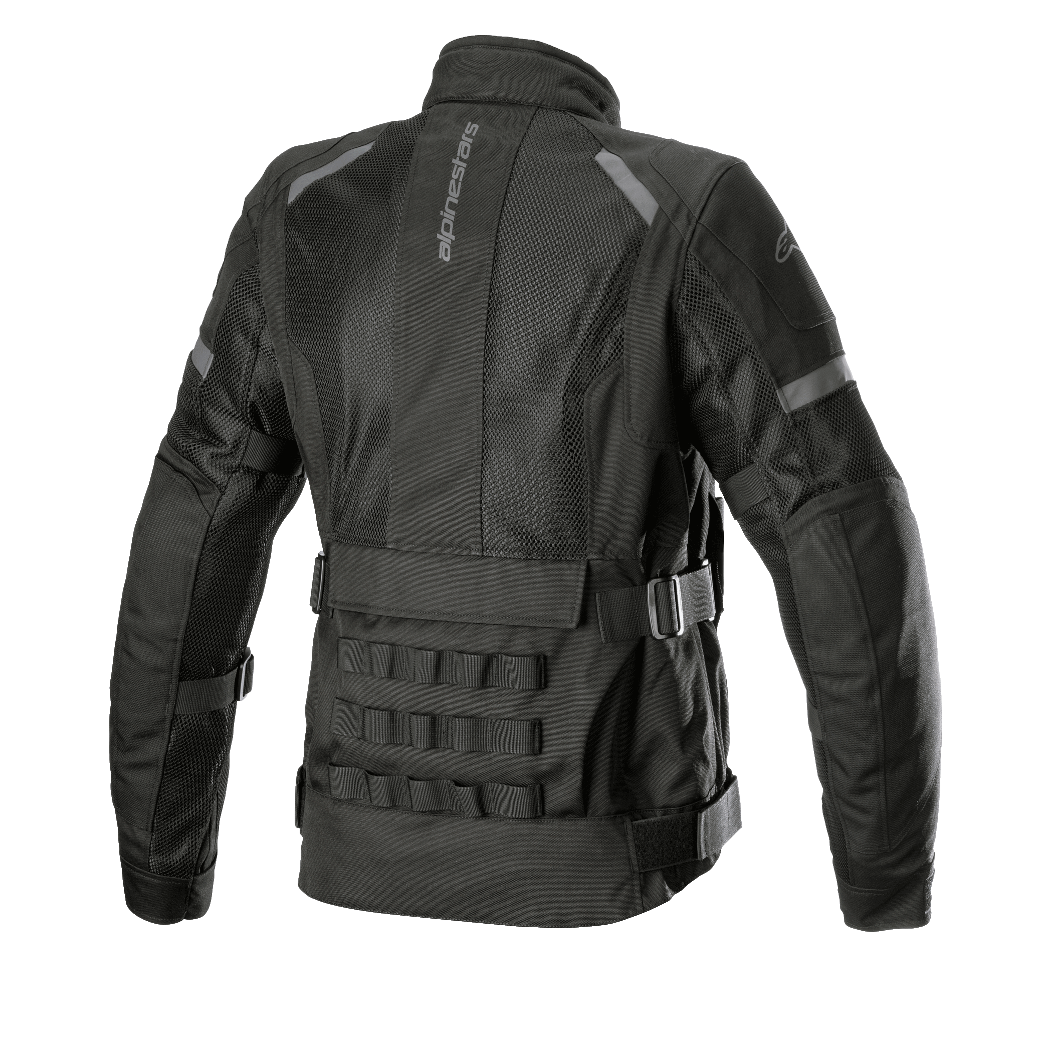 Alpinestars Women's Stella Crosshill WP Air Jacket, Motorcycle Touring Jacket, Black, back view showing large mesh panels for airflow, military-inspired PALS modular webbing on the lower back, and adjustable volume straps on the waist and arms.