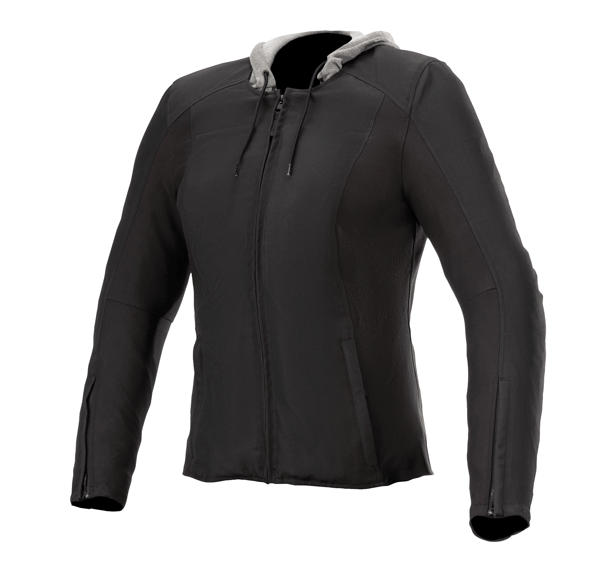 Alpinestars Bond, veste de moto urbaine pour femme, noire avec capuche grise, fermeture éclair frontale, manches longues avec zips aux poignets, coupe ajustée, tissu textile ciré lisse