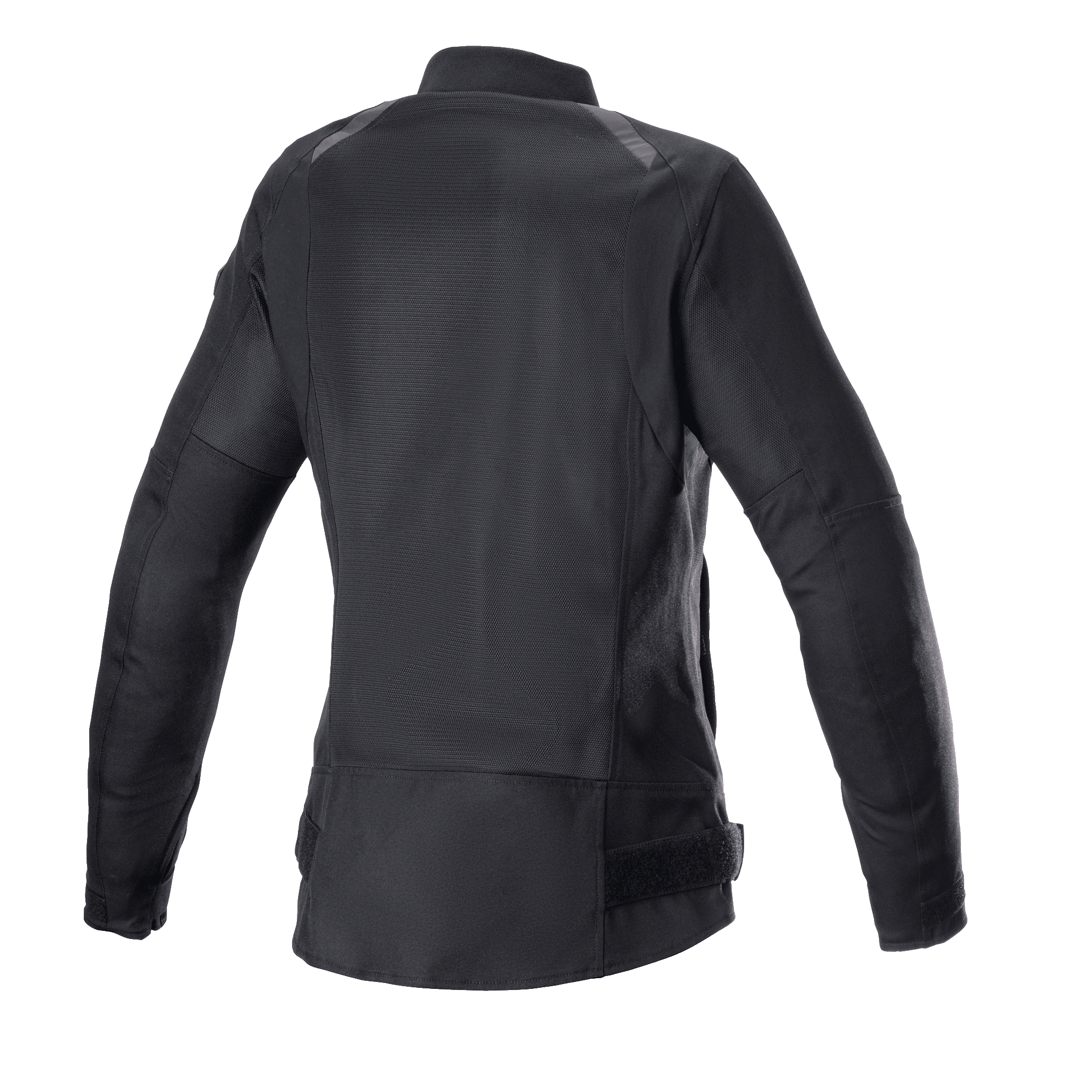 Veste Air Alpinestars Eloise V2 pour femme, noir, vue arrière d'une veste de moto de style bomber, larges panneaux en mesh pour le refroidissement, profil arrière allongé, construction durable en poly-tissu 600D et maille