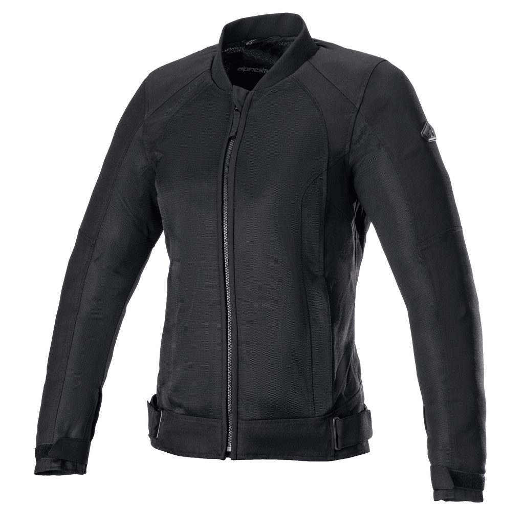 Alpinestars Eloise V2 Women's Air Jacket, veste de moto noire, construction en textile et mesh entièrement noire, avec fermeture éclair frontale, col haut et sangles de réglage à la taille, design épuré pour la conduite urbaine