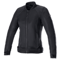 Alpinestars Eloise V2 Women's Air Jacket, veste de moto noire, construction en textile et mesh entièrement noire, avec fermeture éclair frontale, col haut et sangles de réglage à la taille, design épuré pour la conduite urbaine