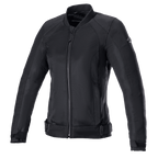 Alpinestars Eloise V2 Women's Air Jacket, veste de moto noire, construction en textile et mesh entièrement noire, avec fermeture éclair frontale, col haut et sangles de réglage à la taille, design épuré pour la conduite urbaine