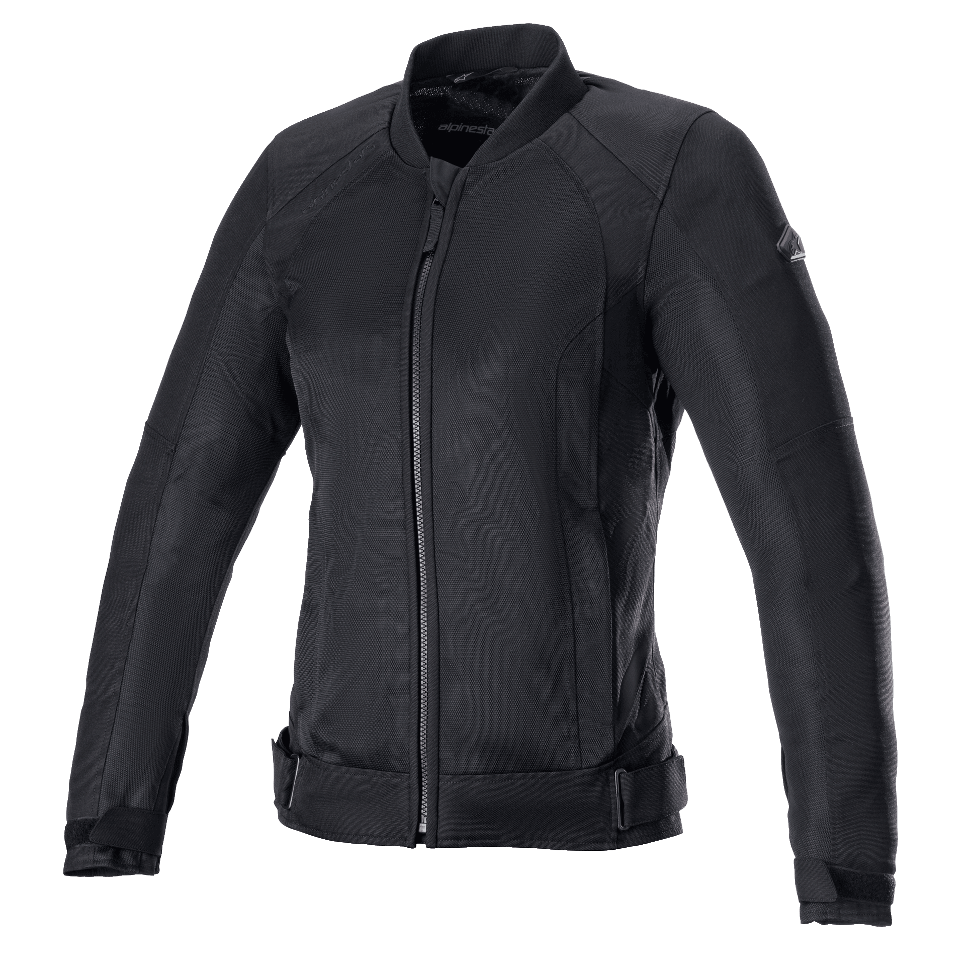 Alpinestars Eloise V2 Women's Air Jacket, veste de moto noire, construction en textile et mesh entièrement noire, avec fermeture éclair frontale, col haut et sangles de réglage à la taille, design épuré pour la conduite urbaine