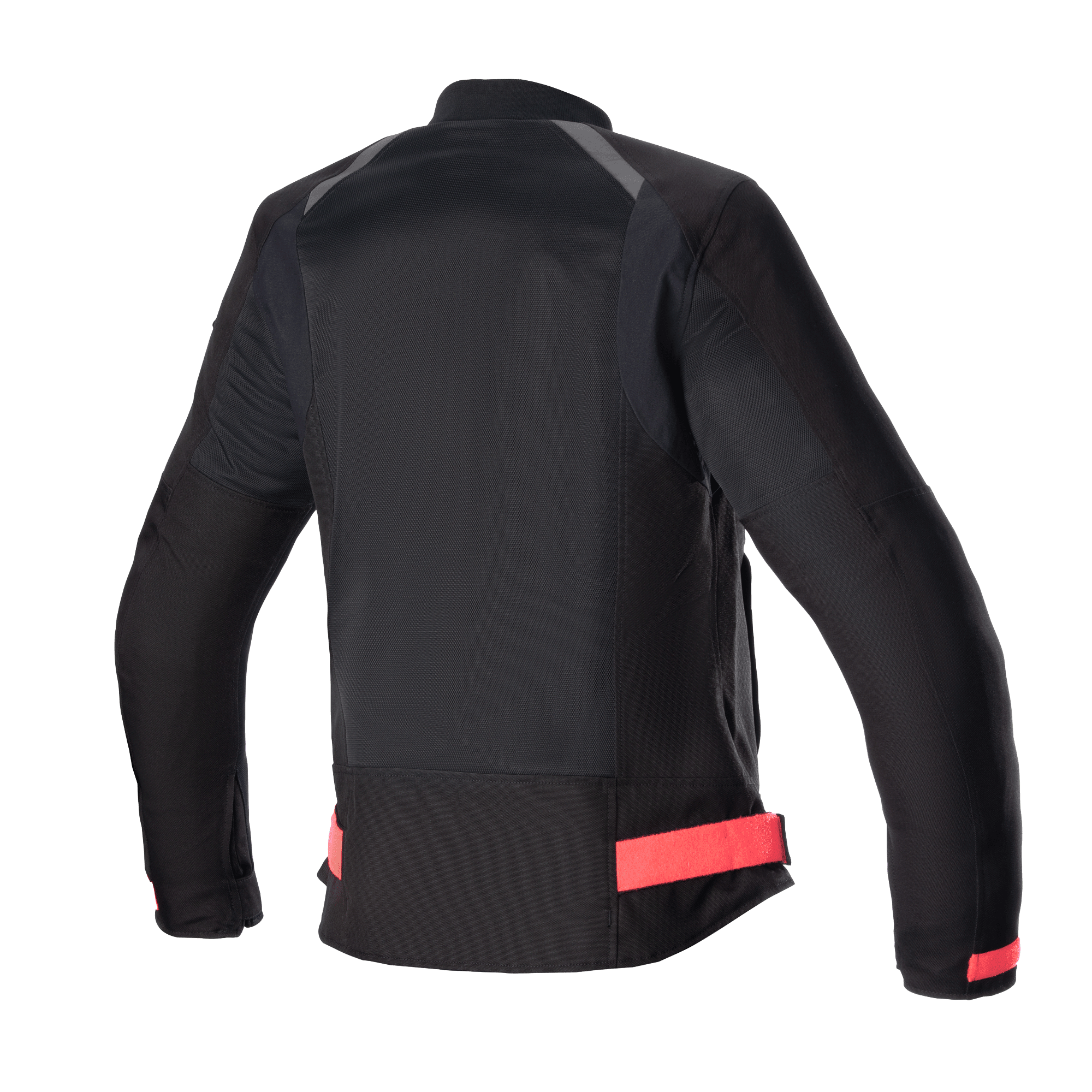 Alpinestars Eloise V2 Women's Air Jacket, veste de moto pour femme, noire avec accents Diva Pink, vue arrière montrant de larges panneaux en maille pour la circulation de l'air, sangles de taille roses ajustables et profil arrière allongé pour le confort de conduite