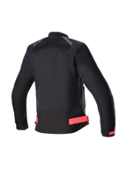 Veste Alpinestars Eloise V2 Air, veste de moto textile ventilée pour femme, noire et rose, vue de dos montrant la coupe urbaine ergonomique et le profil arrière allongé.