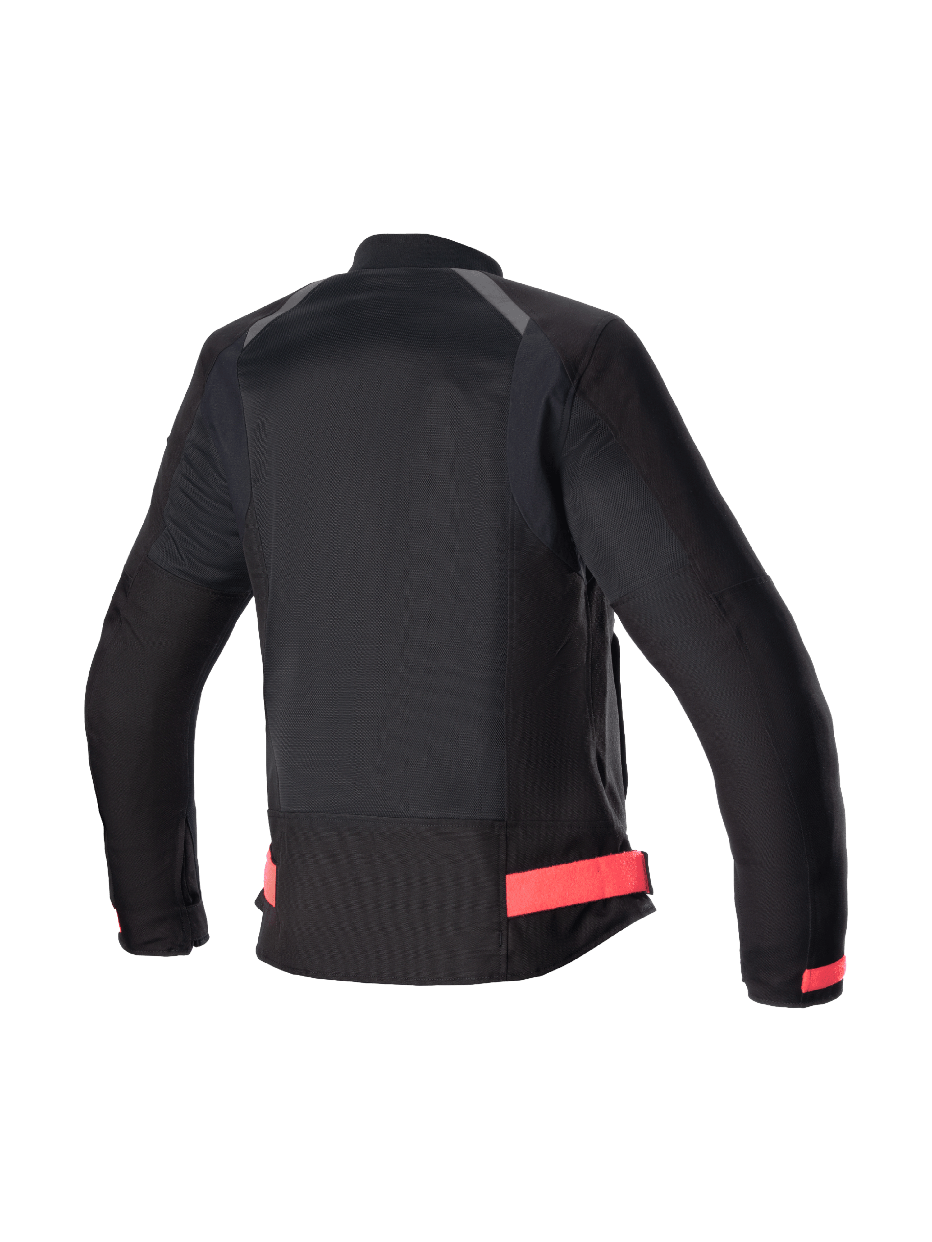 Veste Alpinestars Eloise V2 Air, veste de moto textile ventilée pour femme, noire et rose, vue de dos montrant la coupe urbaine ergonomique et le profil arrière allongé.