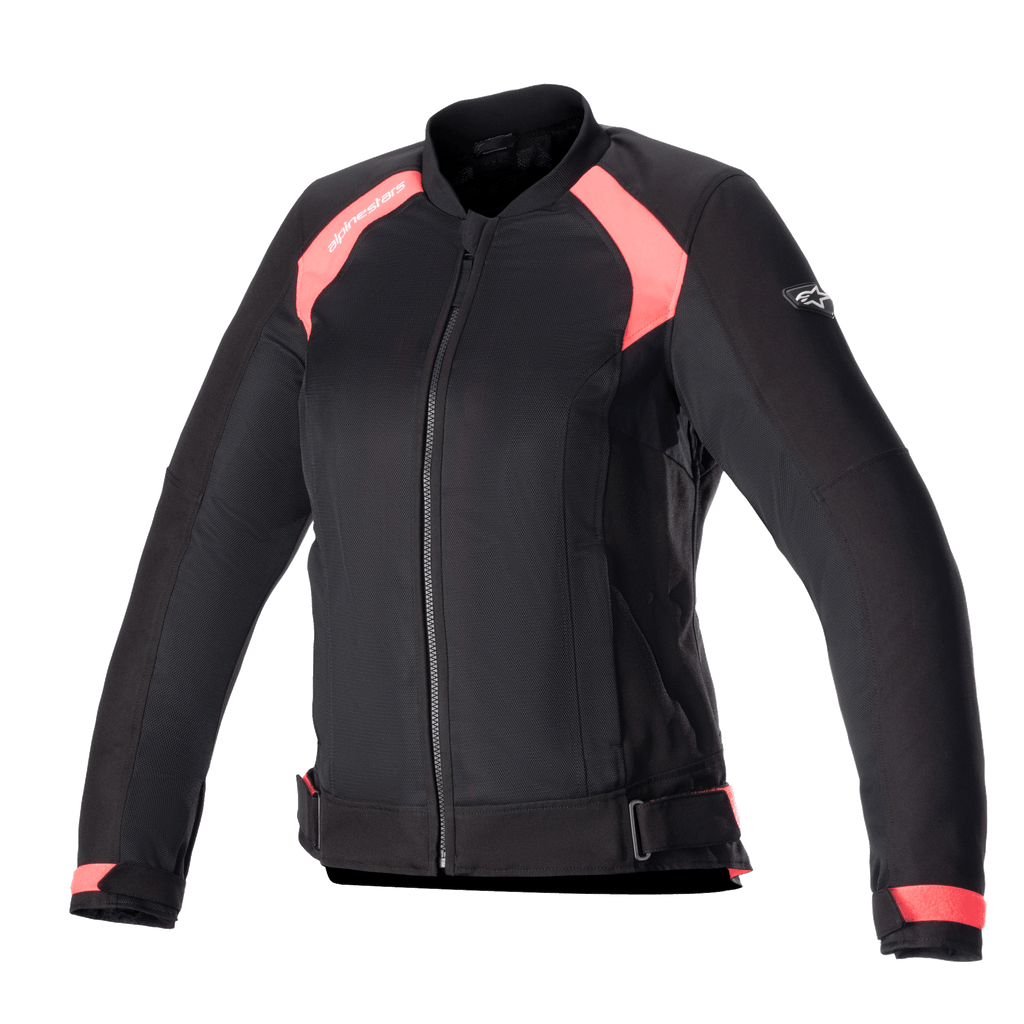 Alpinestars Eloise V2 Women's Air Jacket, noir et rose diva, veste de moto en textile de style bomber, panneaux en mesh pour la ventilation, fermeture éclair frontale, sangles de réglage à la taille, coupe ergonomique pour femme