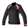 Alpinestars Eloise V2 Women's Air Jacket, noir et rose diva, veste de moto en textile de style bomber, panneaux en mesh pour la ventilation, fermeture éclair frontale, sangles de réglage à la taille, coupe ergonomique pour femme