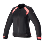 Alpinestars Eloise V2 Women's Air Jacket, noir et rose diva, veste de moto en textile de style bomber, panneaux en mesh pour la ventilation, fermeture éclair frontale, sangles de réglage à la taille, coupe ergonomique pour femme