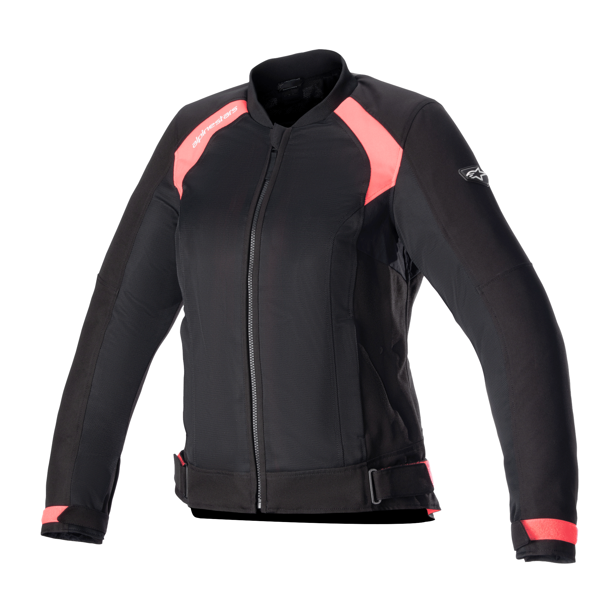 Alpinestars Eloise V2 Women's Air Jacket, noir et rose diva, veste de moto en textile de style bomber, panneaux en mesh pour la ventilation, fermeture éclair frontale, sangles de réglage à la taille, coupe ergonomique pour femme