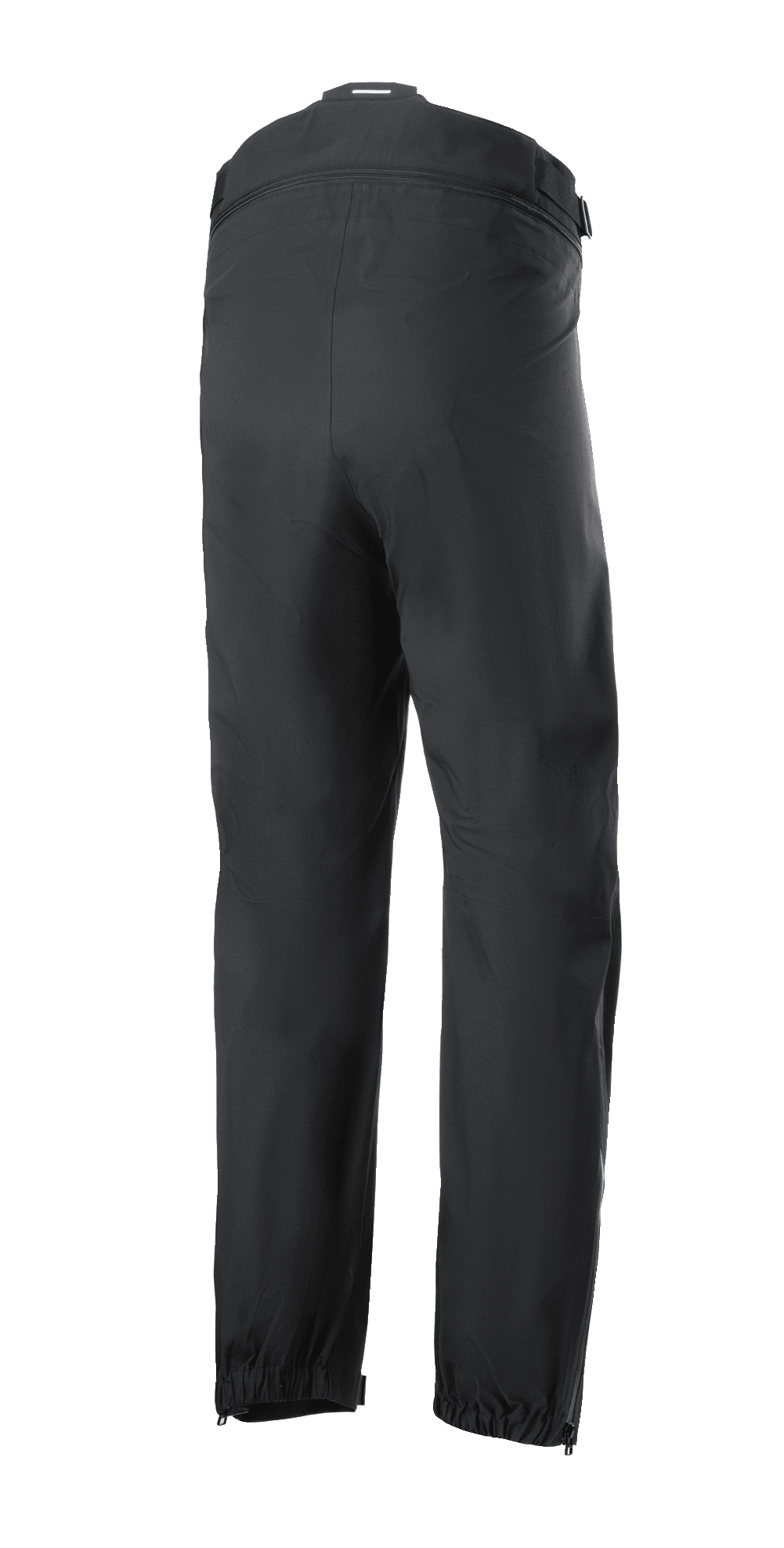 Pantalon Alpinestars AMT Storm Gear Drystar® XF, surpantalon de moto noir, vue arrière avec fermeture éclair de raccordement à la taille sur toute la circonférence, ourlets élastiqués et ouvertures de jambe zippées pour la conduite par temps humide.