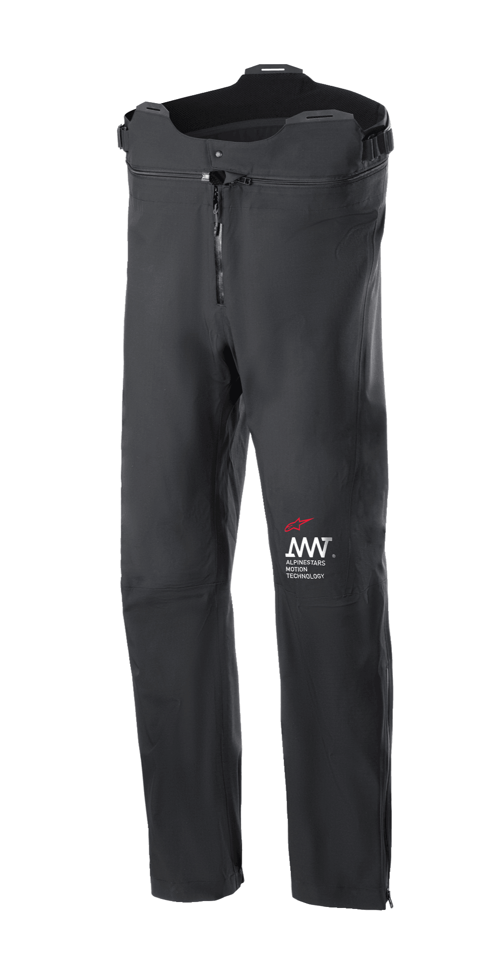 Pantalon Alpinestars AMT Storm Gear Drystar XF, pantalon de moto touring noir, imperméable et respirant, fermeture éclair frontale, taille réglable avec coupe haute à l'arrière, construction durable avec logo AMT rouge et blanc
