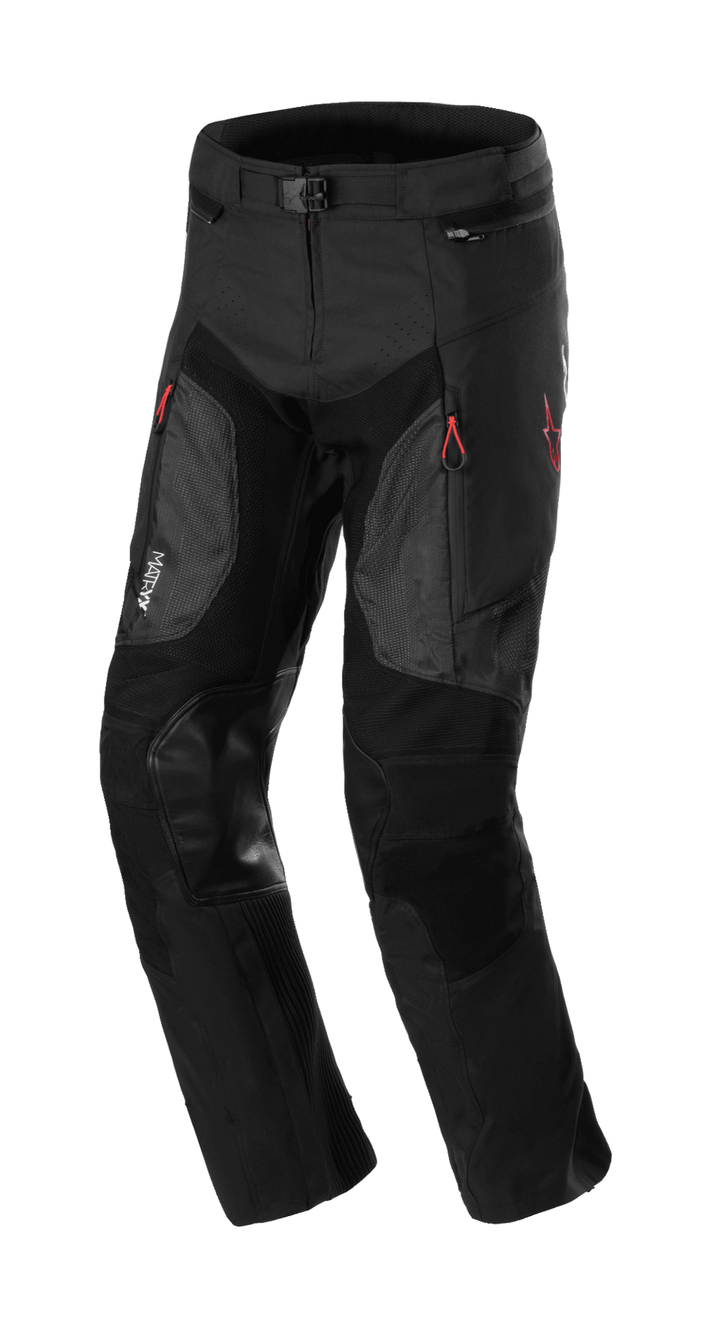 Alpinestars AMT 7 Air Pants, pantalon de protection pour moto, Noir Dark Shadow, avec panneaux de ventilation MATRYX sur les cuisses, renforts aux genoux en cuir, tirettes rouges et taille ajustable, construction textile durable pour la conduite aventure