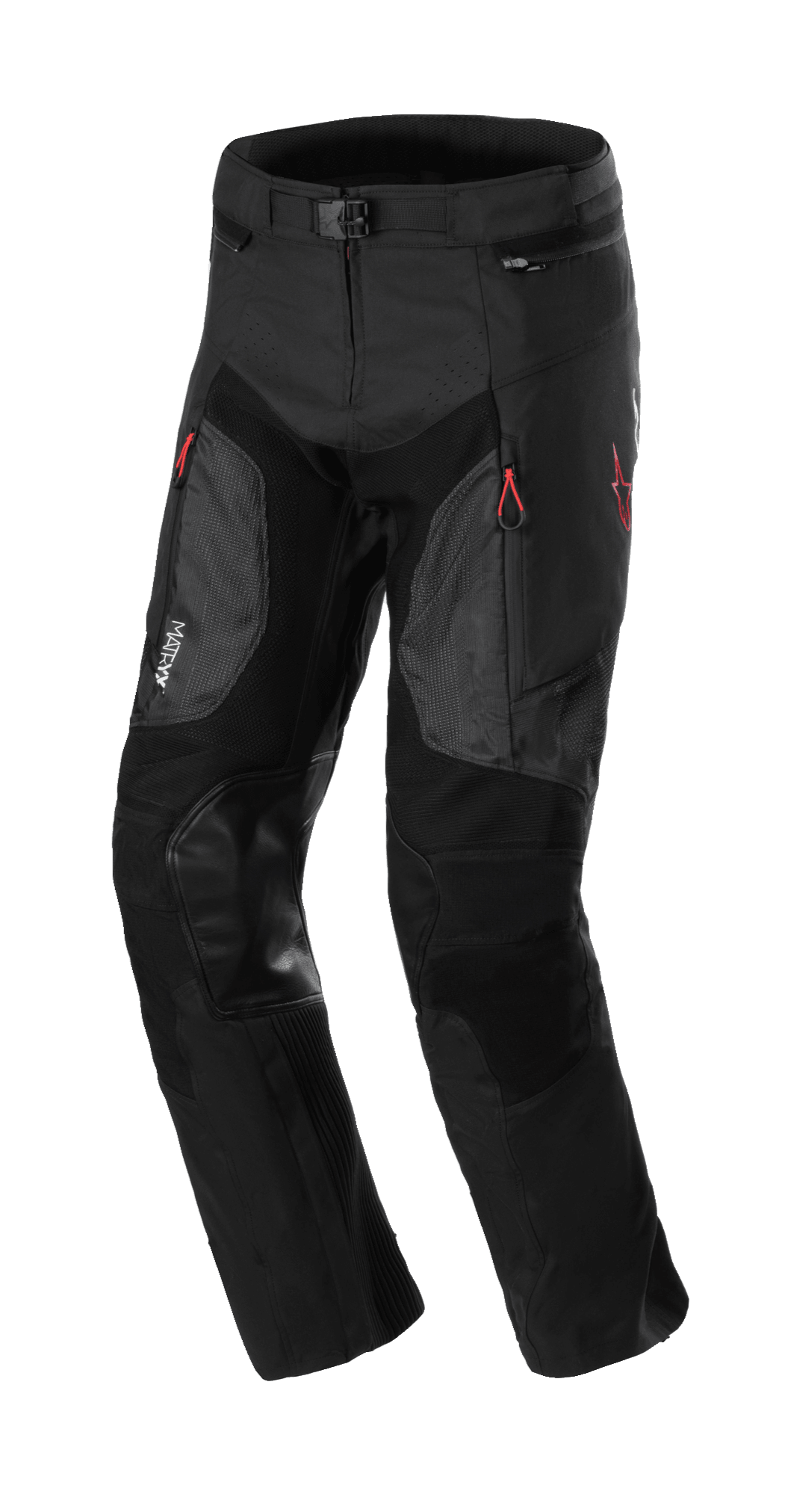 Alpinestars AMT 7 Air Pants, pantalon de protection pour moto, Noir Dark Shadow, avec panneaux de ventilation MATRYX sur les cuisses, renforts aux genoux en cuir, tirettes rouges et taille ajustable, construction textile durable pour la conduite aventure