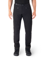 Alpinestars Alden Pants, Black Urban Motorcycle Pants, front view, technical stretch softshell fabric, integrated belt with magnetic buckle, zippered front pockets, quilted knee detailing, slim-fit silhouette, styled with black riding shoes