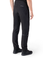 Alpinestars Alden Pants, Urban Motorcycle Pants, Black, rear view showing technical softshell fabric with quilted details, MO.ST.EQ. reflective branding on the back yoke, and adjustable calf straps, paired with black riding shoes