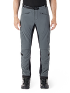 Pantalon Alpinestars Alden, gris urbain avec panneaux noirs, pantalon de moto technique, vue de face avec poches zippées et ceinture magnétique intégrée, design softshell ajusté pour les trajets urbains