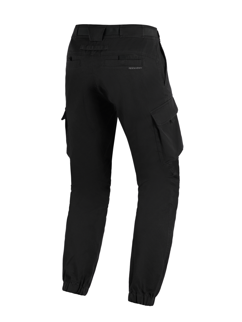 Alpinestars Flex-AST Cargo Pants - Short, noir, vue arrière d'un pantalon de moto urbain avec coupe fuselée, chevilles élastiquées, poches cargo latérales et marquage discret sur la poche arrière.