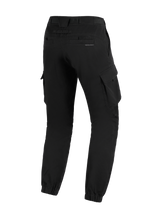 Pantalon Cargo Alpinestars Flex-AST, noir, vue de trois-quarts arrière, pantalon de moto urbain doté de grandes poches cargo latérales, d'ourlets élastiqués et d'un logo discret sur la poche arrière.