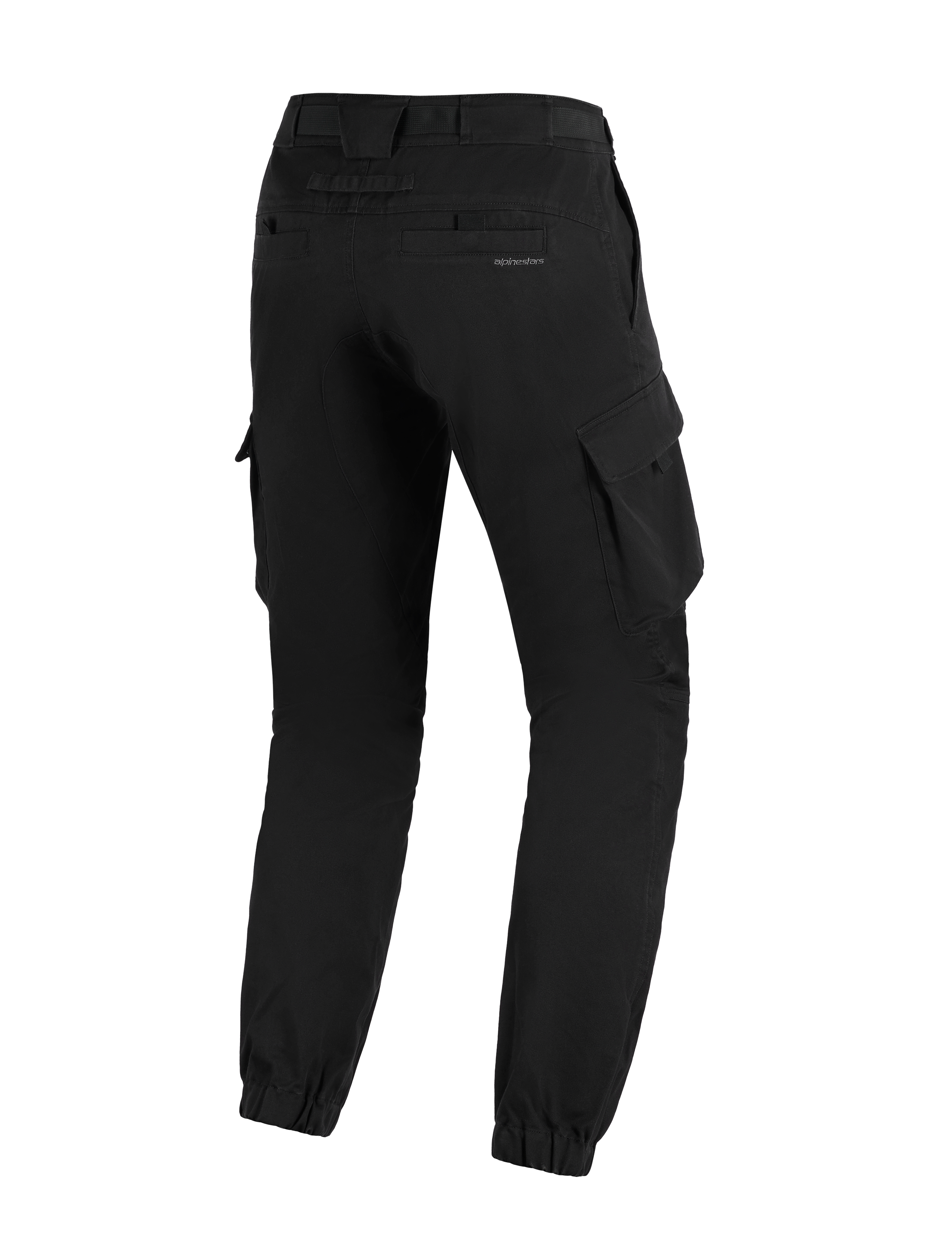 Pantalon Cargo Alpinestars Flex-AST, noir, vue de trois-quarts arrière, pantalon de moto urbain doté de grandes poches cargo latérales, d'ourlets élastiqués et d'un logo discret sur la poche arrière.