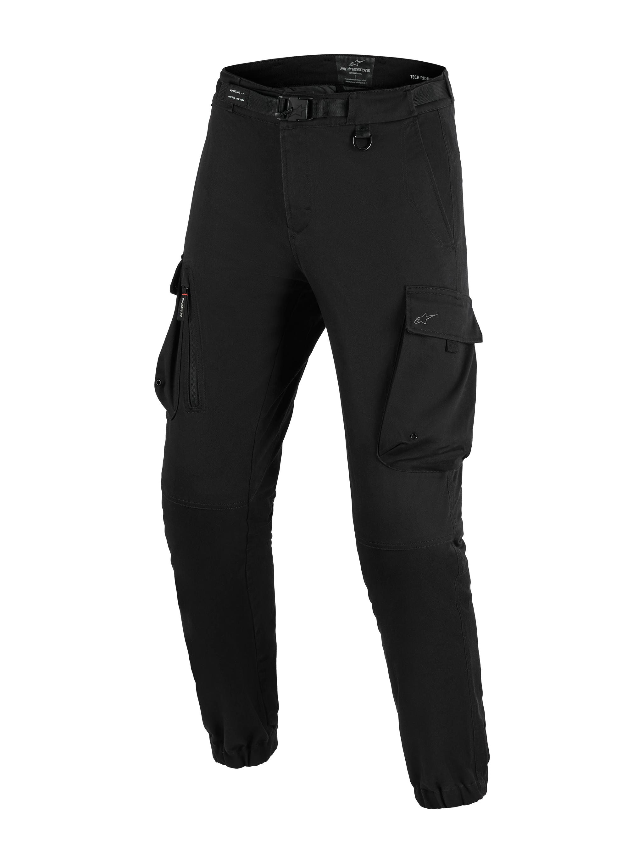 Pantalon Cargo Alpinestars Flex-AST, pantalon de moto, noir, doté de grandes poches cargo, d'une ceinture intégrée avec boucle, d'un détail d'anneau en D, de bas de jambes élastiqués et d'une coupe fuselée pour la conduite moto urbaine