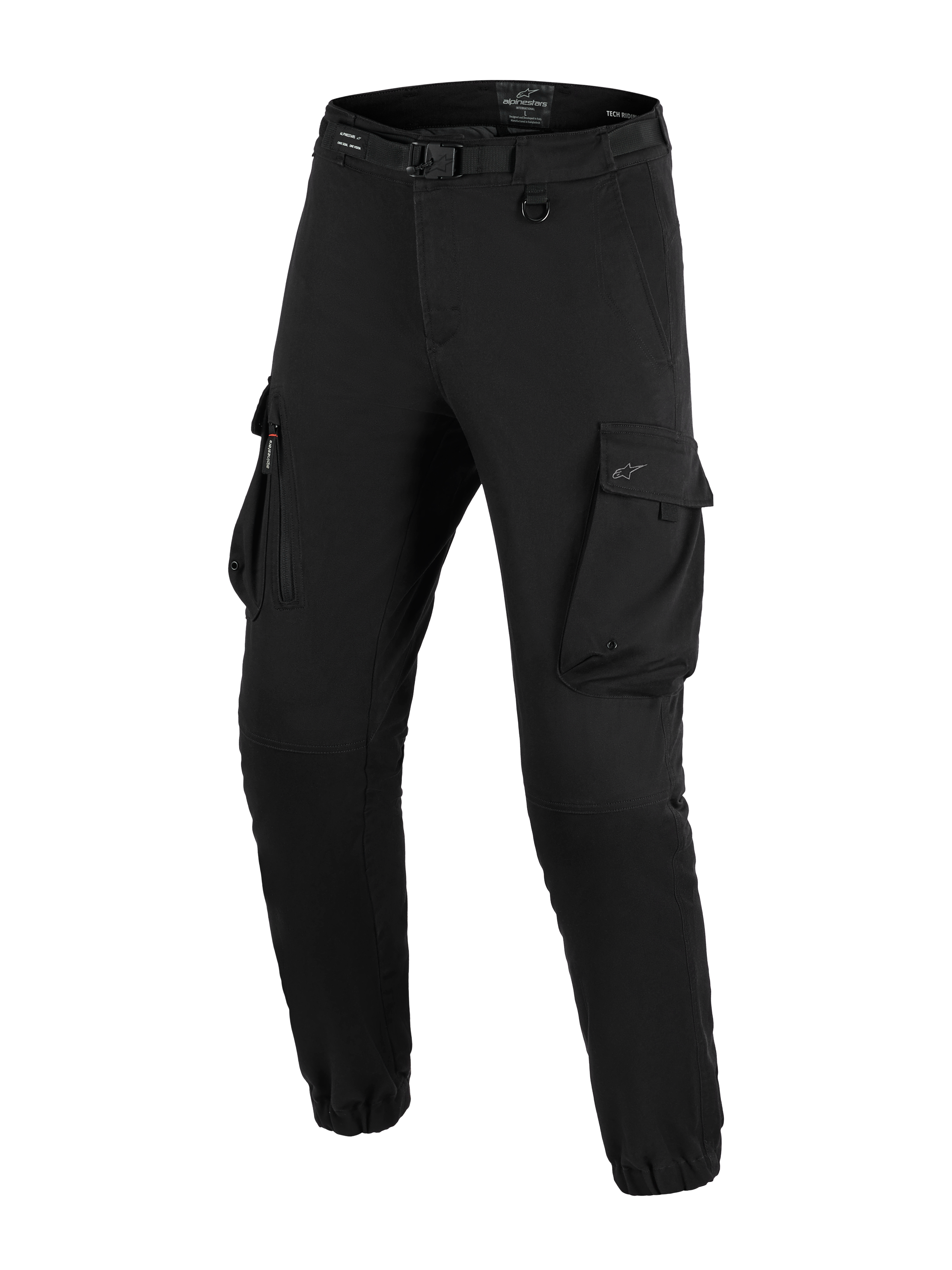Pantalon Cargo Alpinestars Flex-AST, pantalon de moto, noir, doté de grandes poches cargo, d'une ceinture intégrée avec boucle, d'un détail d'anneau en D, de bas de jambes élastiqués et d'une coupe fuselée pour la conduite moto urbaine