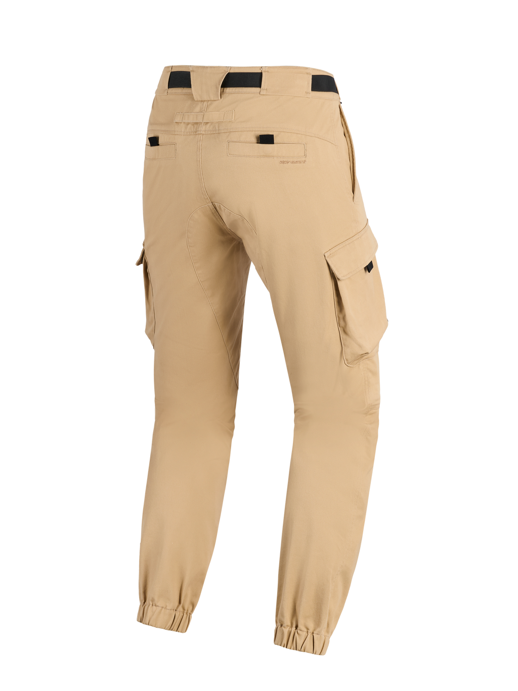 Pantalon Cargo Alpinestars Flex-AST, Beige Clair, pantalon de moto, vue arrière montrant les jambes fuselées avec ourlets élastiqués, des poches cargo latérales et une sangle de taille noire, design d'inspiration militaire urbaine