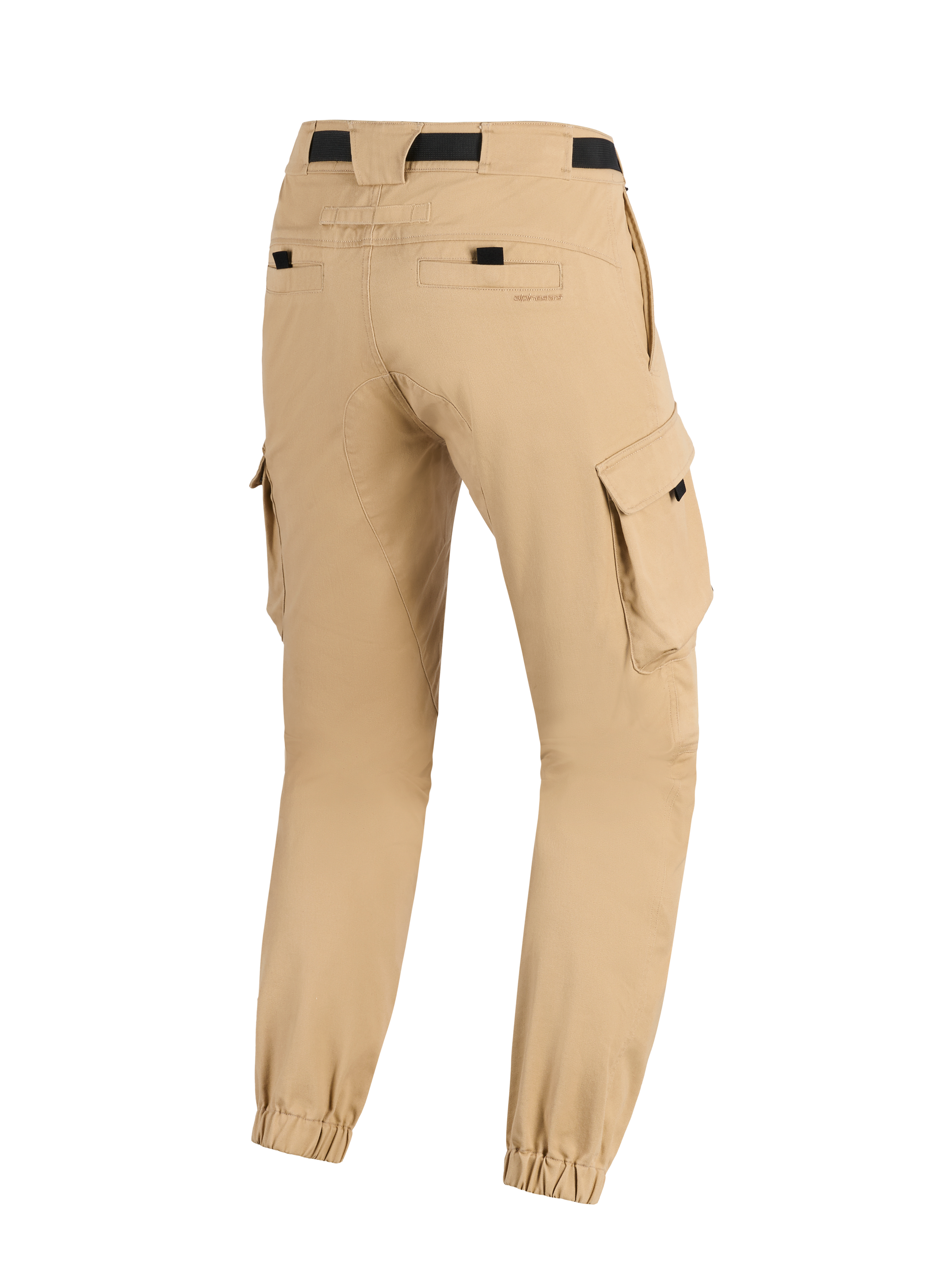Pantalon Cargo Alpinestars Flex-AST, Beige Clair, pantalon de moto, vue arrière montrant les jambes fuselées avec ourlets élastiqués, des poches cargo latérales et une sangle de taille noire, design d'inspiration militaire urbaine