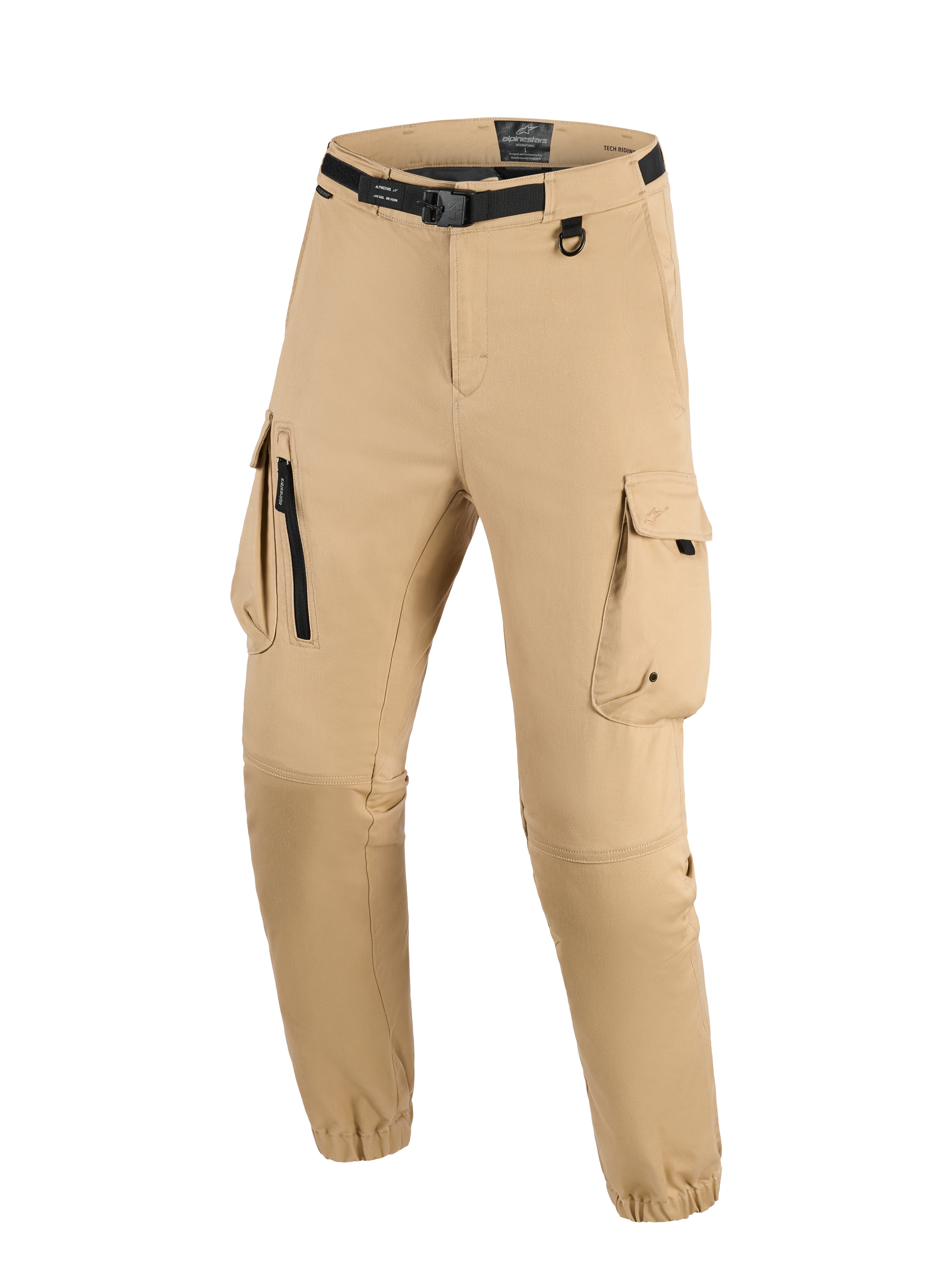 Pantalon Cargo Alpinestars Flex-AST, beige clair, pantalon de moto urbain technique doté d'une ceinture noire intégrée avec boucle, de grandes poches cargo avec détails zippés et rabats, d'un anneau en D et d'ourlets élastiqués, style robuste et moderne pour la conduite