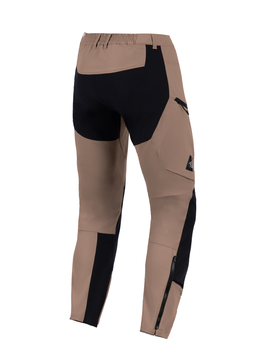 Pantalon Alpinestars Flex-AST Explorer, Walnut Black, vue de dos, pantalon de moto d'aventure doté de panneaux noirs renforcés sur l'assise et le bas des jambes, d'une poche cargo zippée et de longues fermetures éclair au bas des jambes pour une compatibilité avec les bottes.