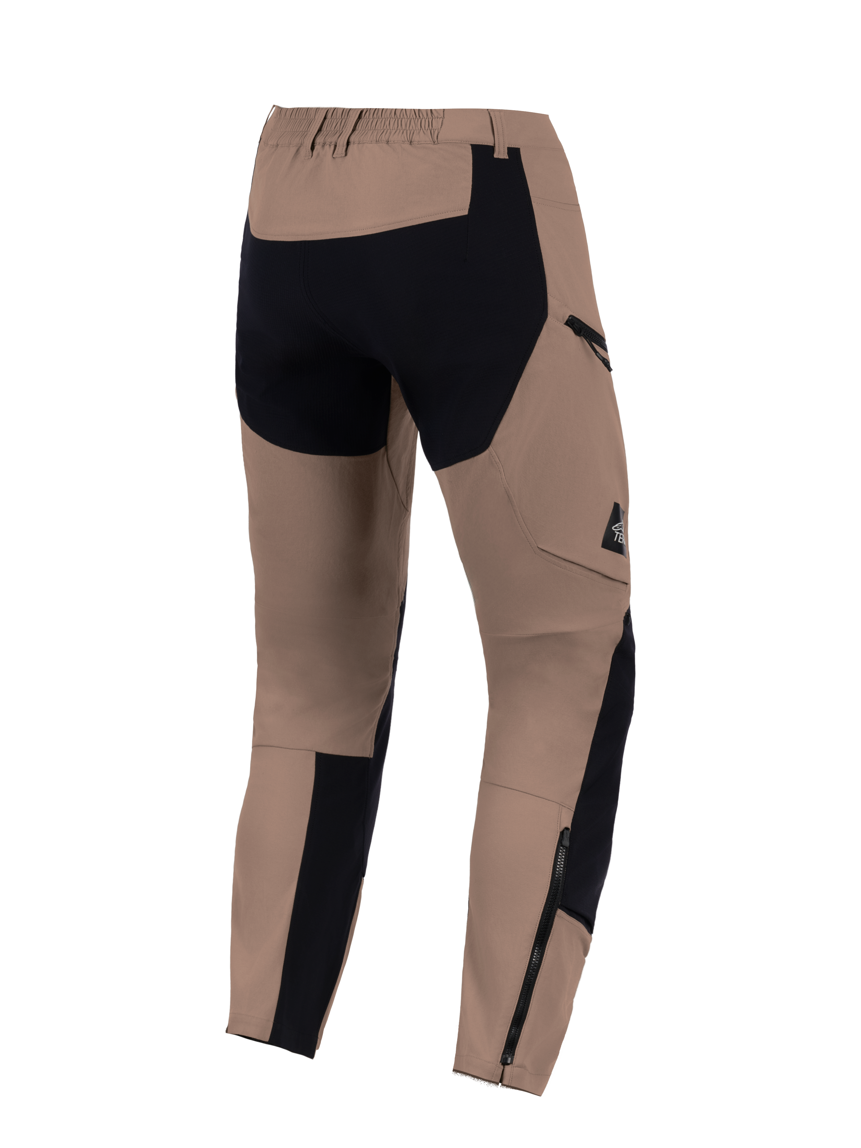 Pantalon Alpinestars Flex-AST Explorer, Walnut Black, vue de dos, pantalon de moto d'aventure doté de panneaux noirs renforcés sur l'assise et le bas des jambes, d'une poche cargo zippée et de longues fermetures éclair au bas des jambes pour une compatibilité avec les bottes.