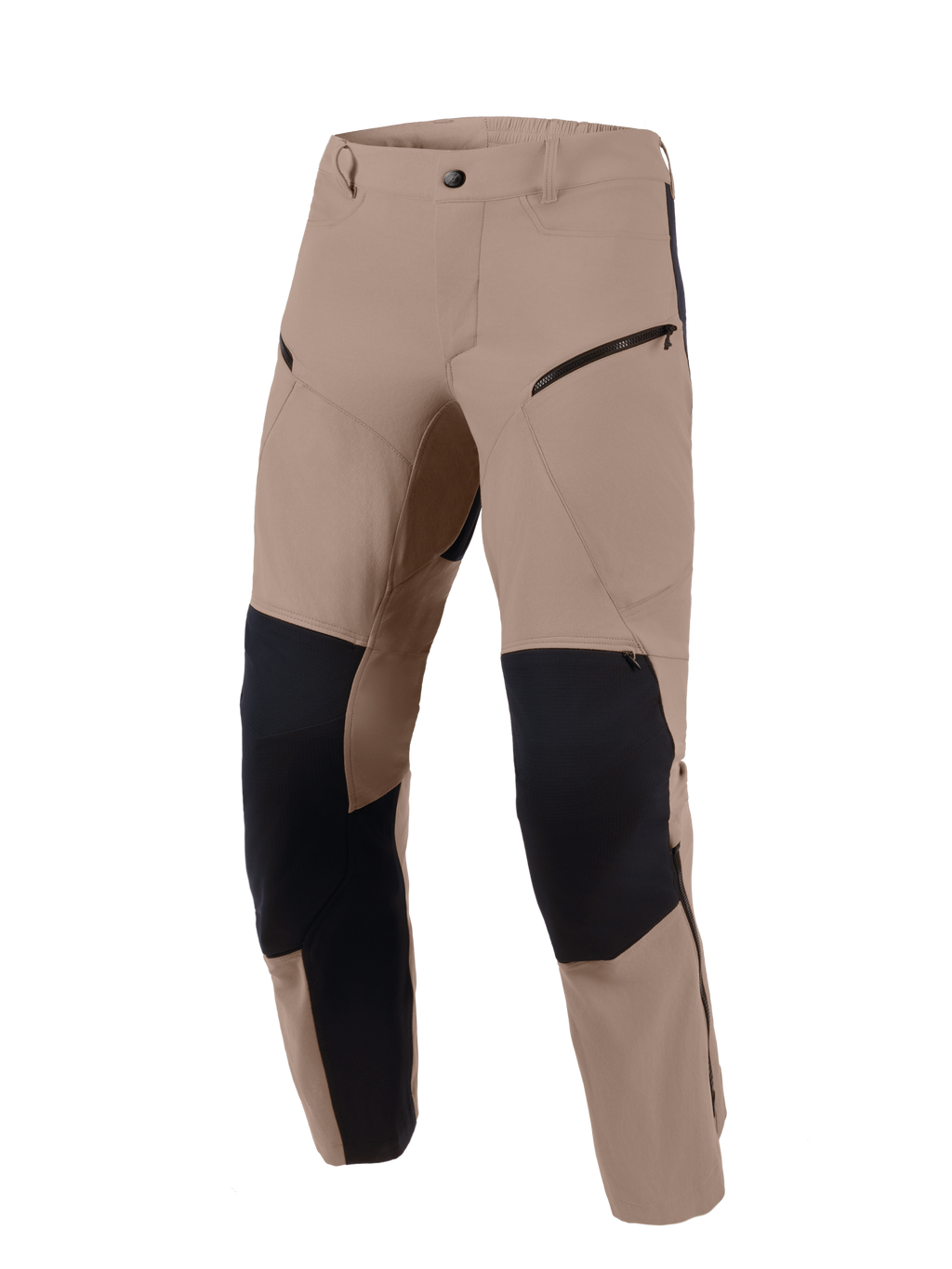 Pantalon Alpinestars Flex-AST Explorer, Walnut Black, pantalon de moto d'aventure doté d'un textile extensible brun avec panneaux de renfort en ripstop noir aux genoux et à l'intérieur des jambes, poches cargo zippées et conception durable pour divers terrains.