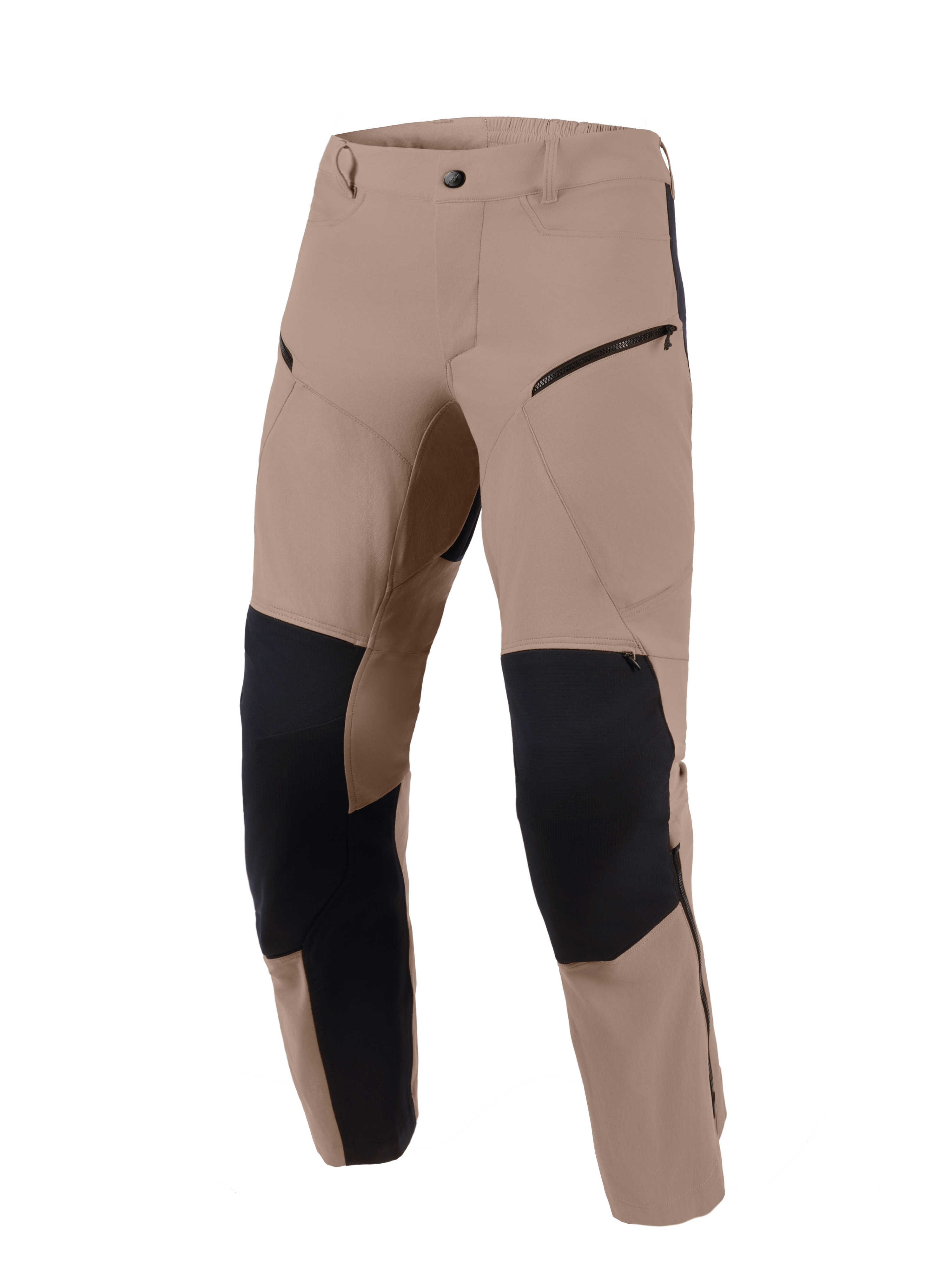 Pantalon Alpinestars Flex-AST Explorer, Walnut Black, pantalon de moto d'aventure doté d'un textile extensible brun avec panneaux de renfort en ripstop noir aux genoux et à l'intérieur des jambes, poches cargo zippées et conception durable pour divers terrains.