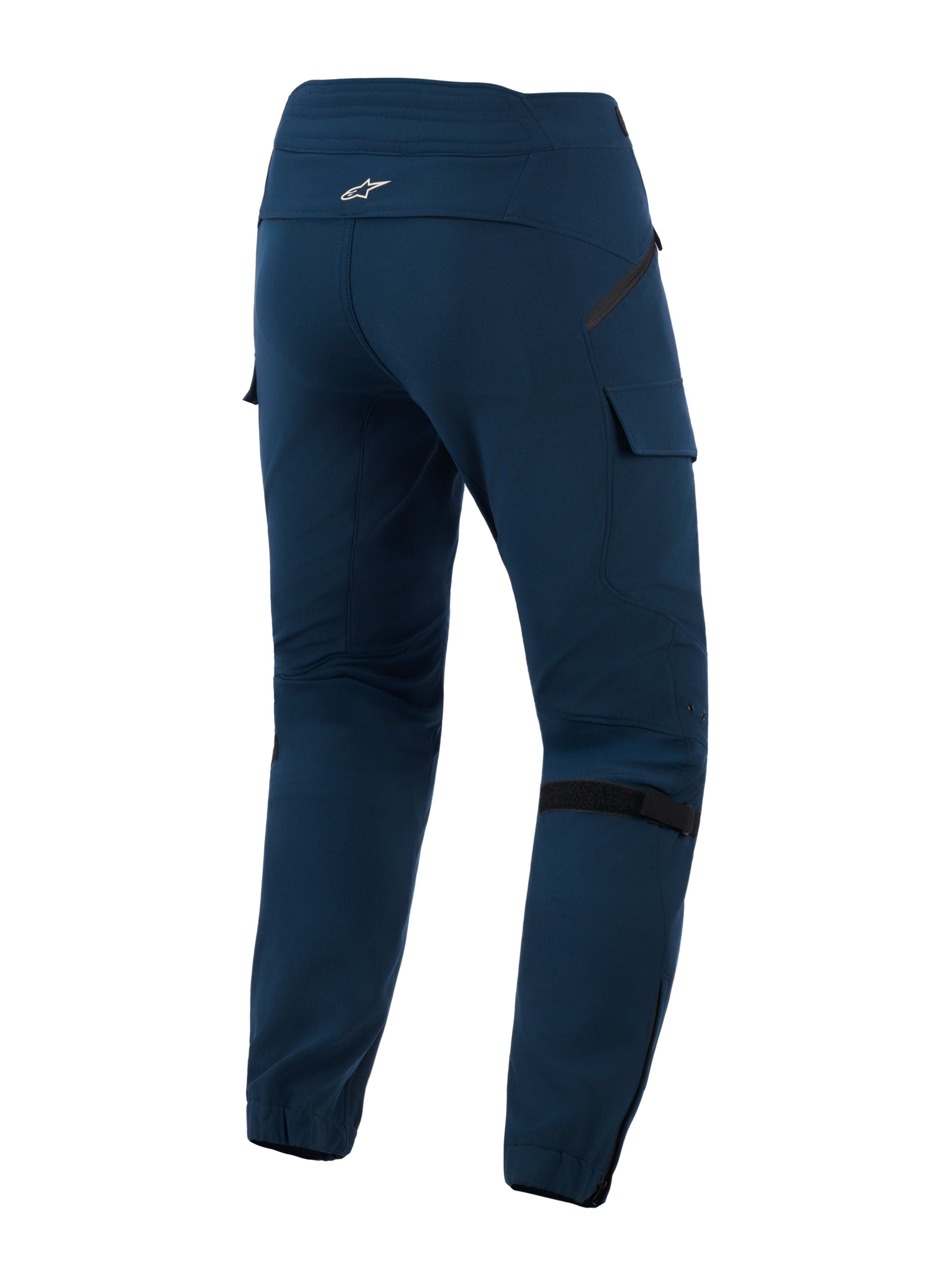 Pantalon de moto Alpinestars Juggernaut V2, Night Navy, vue arrière avec poches de style cargo, sangles de réglage du volume aux genoux et chevilles élastiquées avec fermetures éclair, pantalon de moto urbain en textile technique