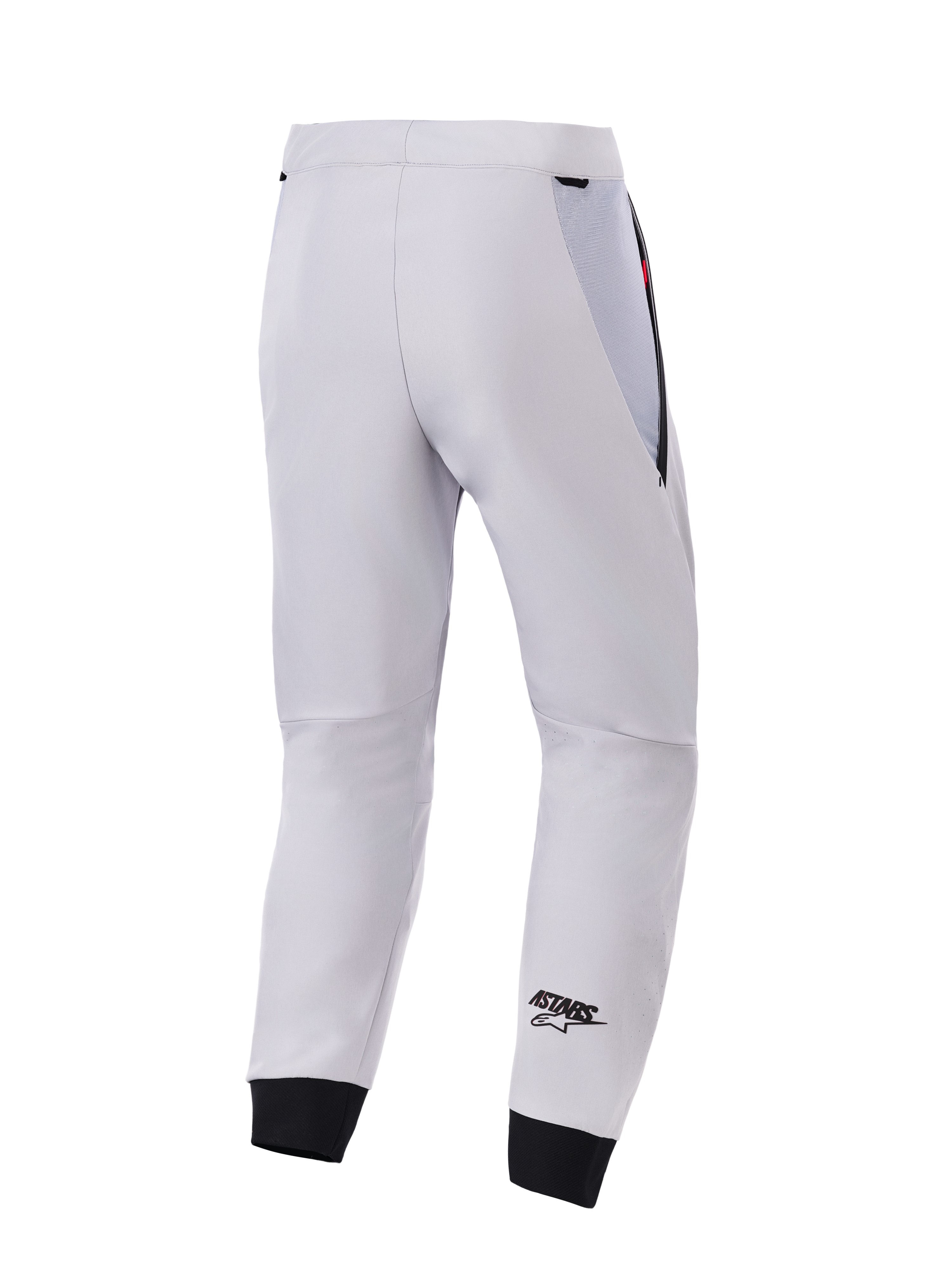 Pantalon Alpinestars Aeroshell Airflow, vue arrière, gris moyen, pantalon de moto technique en softshell, doté de panneaux de hanche en maille noire et de chevilles élastiquées, logo ASTARS noir sur le bas de la jambe, design sportif léger et ventilé