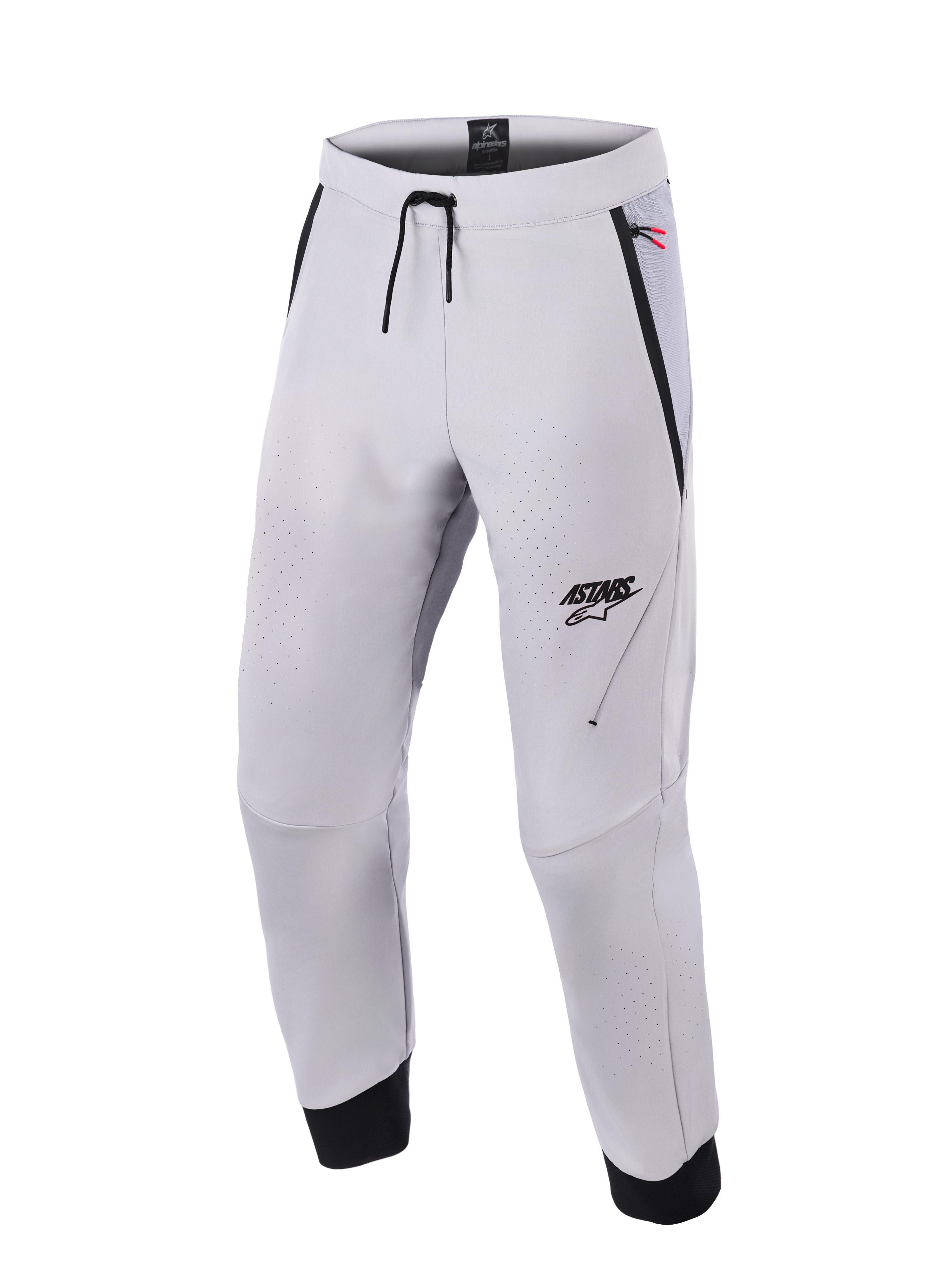 Alpinestars Aeroshell Airflow Pants, pantalon de moto gris moyen, doté de zones de ventilation perforées au laser, logo ASTARS sur la cuisse gauche, taille à cordon de serrage et poignets de cheville noirs, design softshell technique pour la conduite sportive et urbaine