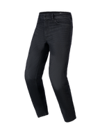 Alpinestars Flex-AST 5 Denim Pants, jean de moto noir délavé, coupe fuselée régulière, design à cinq poches avec passants de ceinture, tissu denim extensible, équipement de protection moto urbain