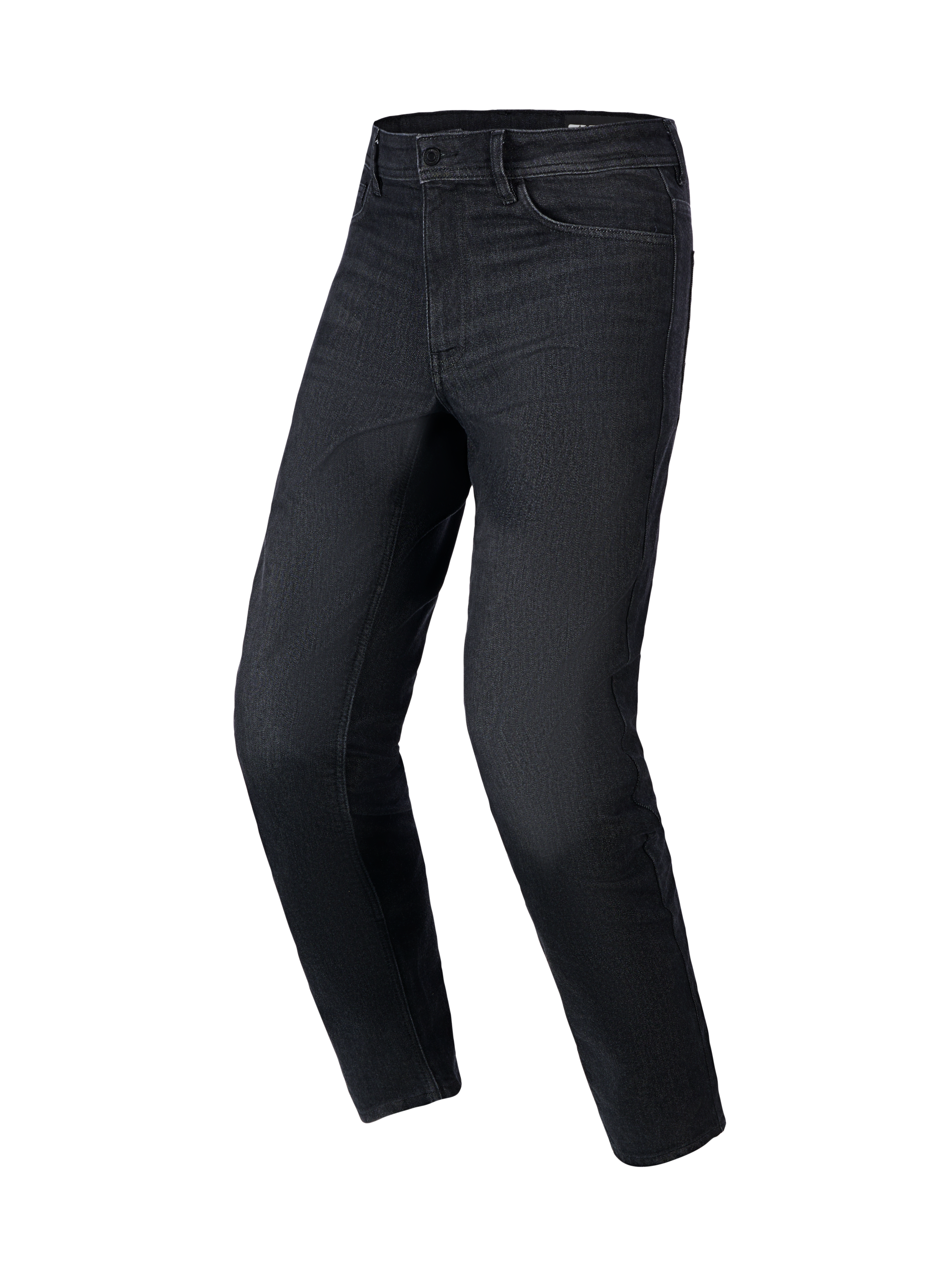 Alpinestars Flex-AST 5 Denim Pants, jean de moto noir délavé, coupe fuselée régulière, design à cinq poches avec passants de ceinture, tissu denim extensible, équipement de protection moto urbain