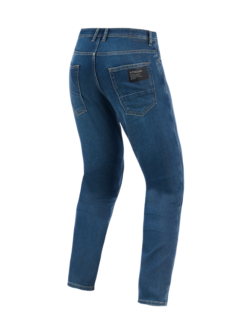 Pantalon en denim Alpinestars Flex-AST 5, pantalon de moto urbain, bleu Indigo Washed, vue arrière montrant une coupe fuselée et des poches arrière avec écusson de marque Alpinestars noir