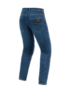 Pantalon en denim Alpinestars Flex-AST 5, pantalon de moto urbain, bleu Indigo Washed, vue arrière montrant une coupe fuselée et des poches arrière avec écusson de marque Alpinestars noir