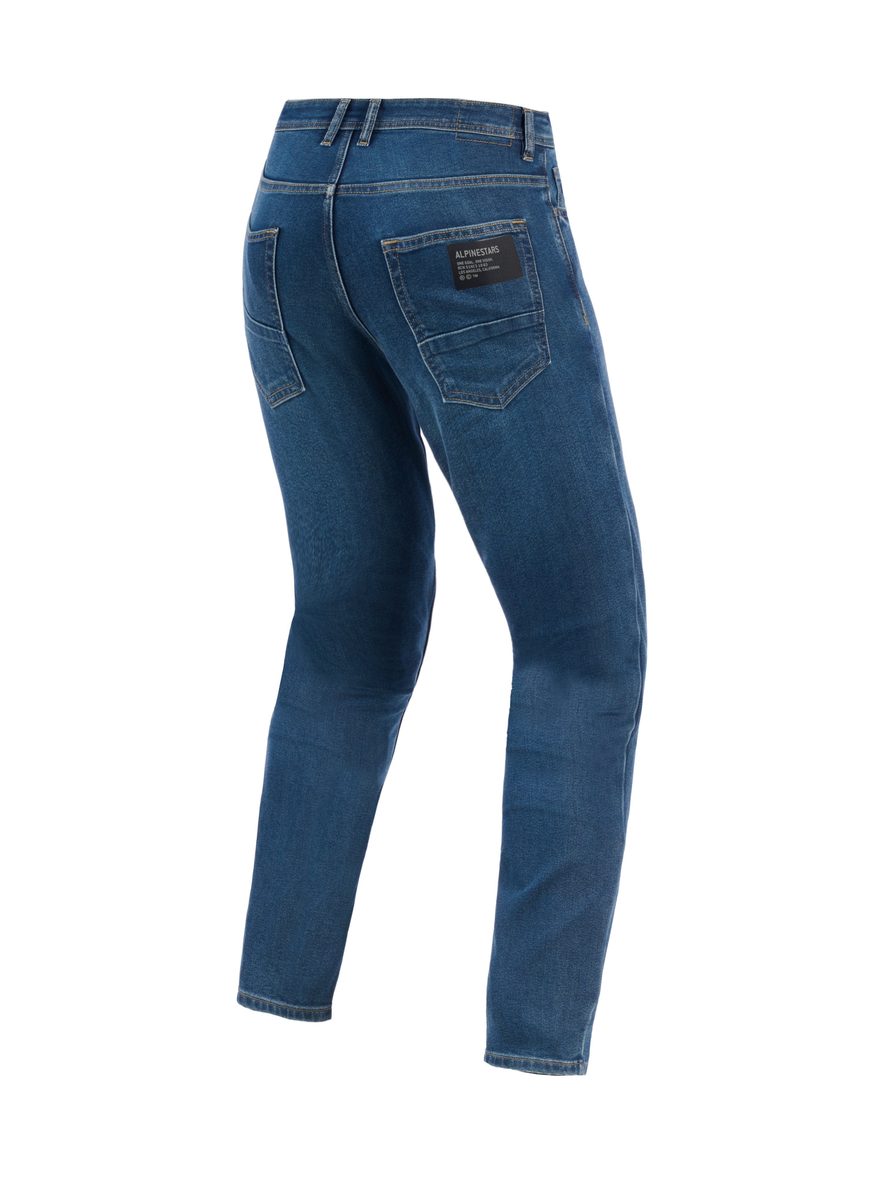Pantalon en denim Alpinestars Flex-AST 5, pantalon de moto urbain, bleu Indigo Washed, vue arrière montrant une coupe fuselée et des poches arrière avec écusson de marque Alpinestars noir