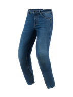 Alpinestars Flex-AST 5 Denim Pants - Short, jean de moto bleu Indigo Washed, coupe fuselée avec jambes préformées, style de conduite urbain avec finition denim épurée, coutures renforcées et design classique à cinq poches.