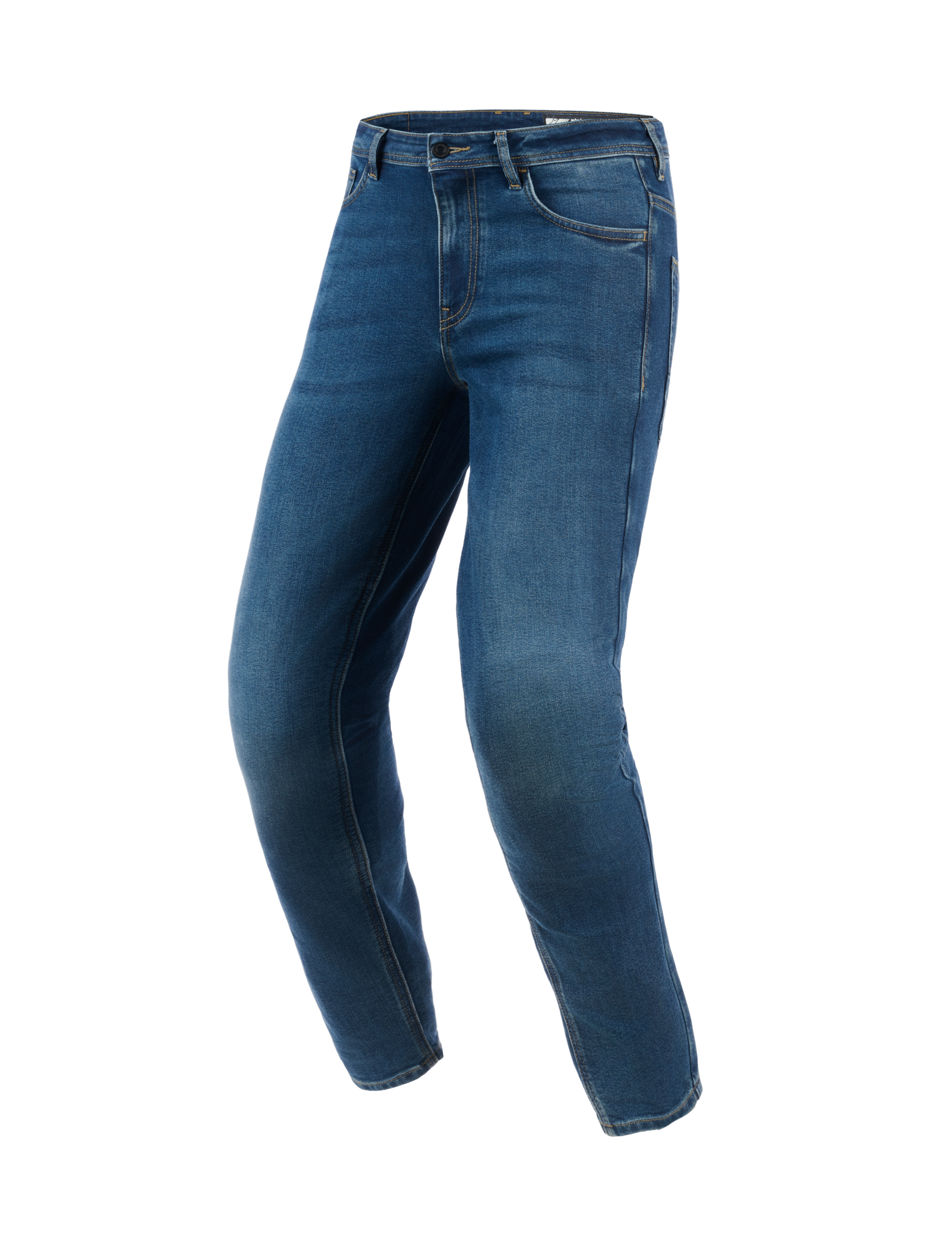Alpinestars Flex-AST 5 Denim Pants - Short, jean de moto bleu Indigo Washed, coupe fuselée avec jambes préformées, style de conduite urbain avec finition denim épurée, coutures renforcées et design classique à cinq poches.