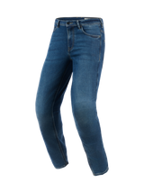 Alpinestars Flex-AST 5 Denim Pants, Urban Motorcycle Jeans, Indigo Washed Blue, features a modern tapered fit with monolayer stretch denim construction and pre-curved legs for riding ergonomics.