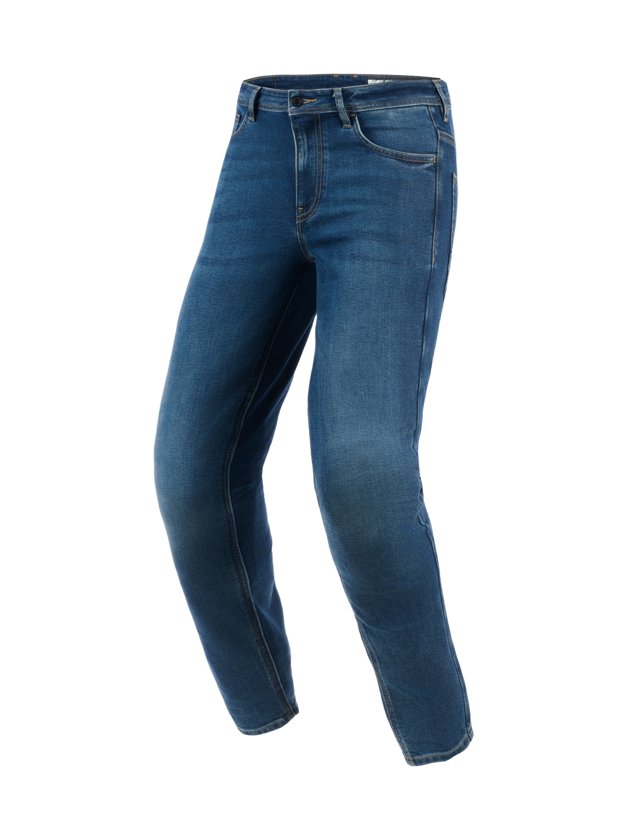 Alpinestars Flex-AST 5 Denim Pants, Urban Motorcycle Jeans, Indigo Washed Blue, features a modern tapered fit with monolayer stretch denim construction and pre-curved legs for riding ergonomics.