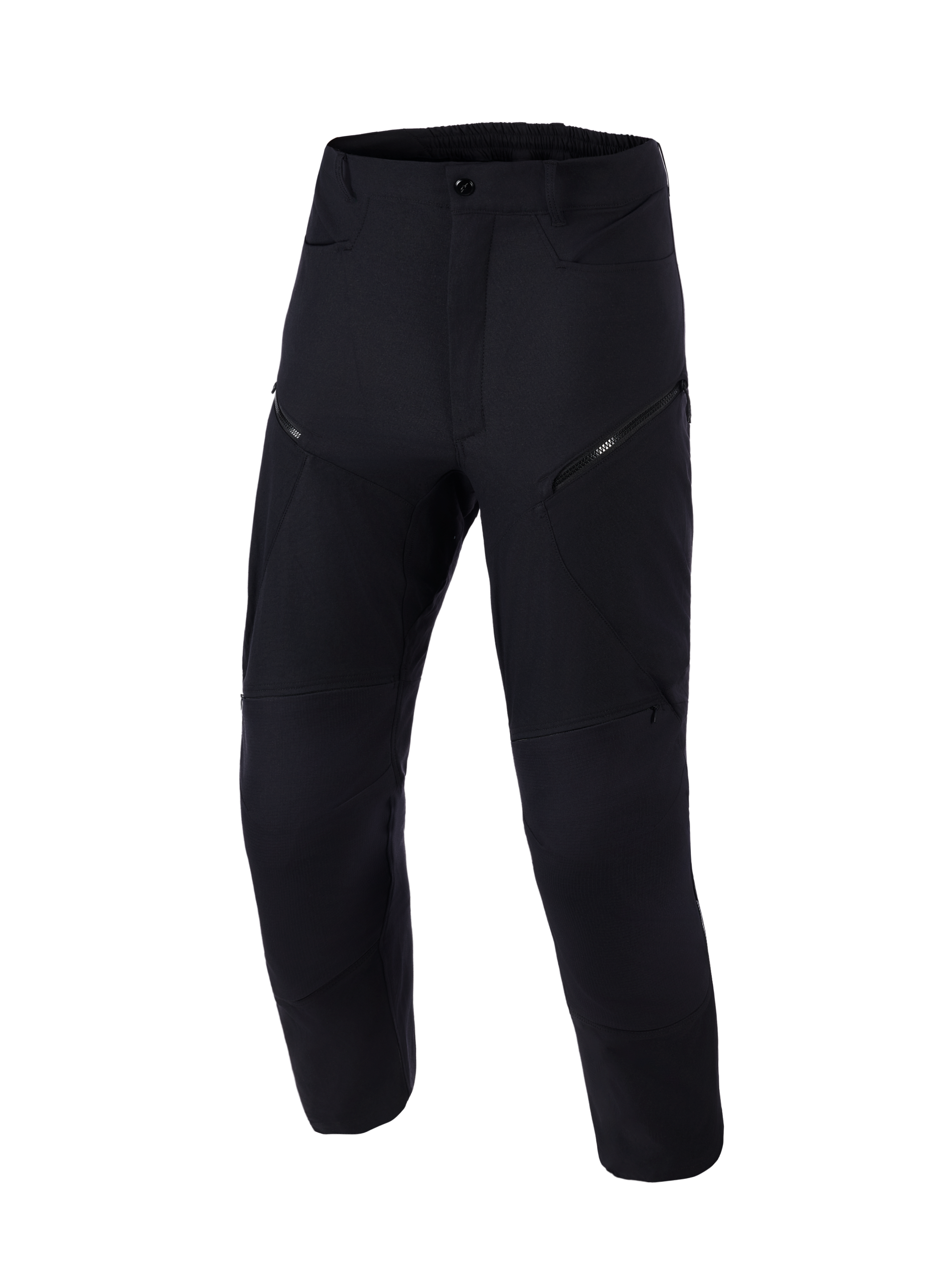 Pantalon Explore AST Short Alpinestars, pantalon d'aventure pour moto, noir, vue de face, avec construction technique en ripstop extensible, poches cargo zippées en diagonale et design ergonomique pour la conduite par temps chaud