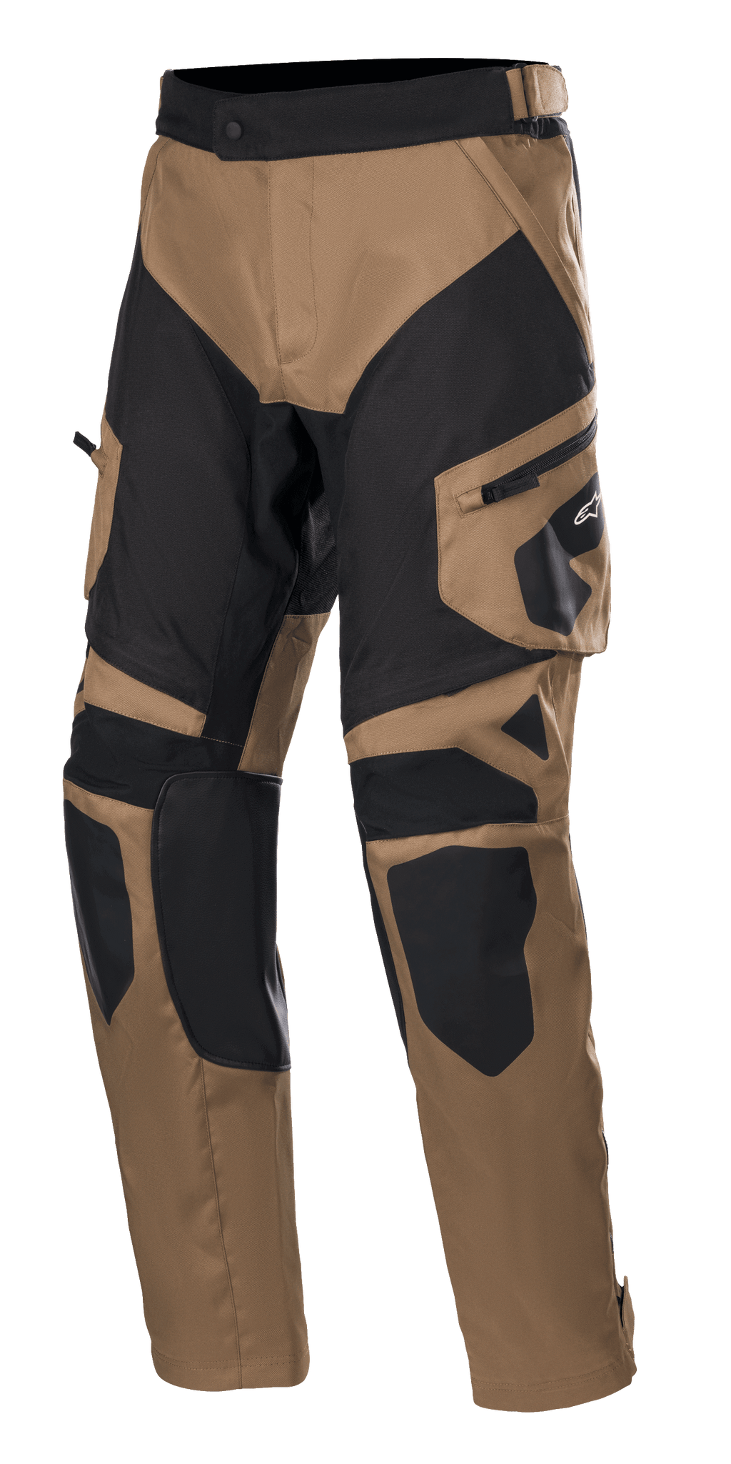 Alpinestars Venture XT Pants Over Boot, pantalon de moto Adventure Touring, camel et noir, avec panneaux renforcés aux genoux et aux cuisses, poche cargo latérale avec logo Alpinestars et sangle de taille réglable.