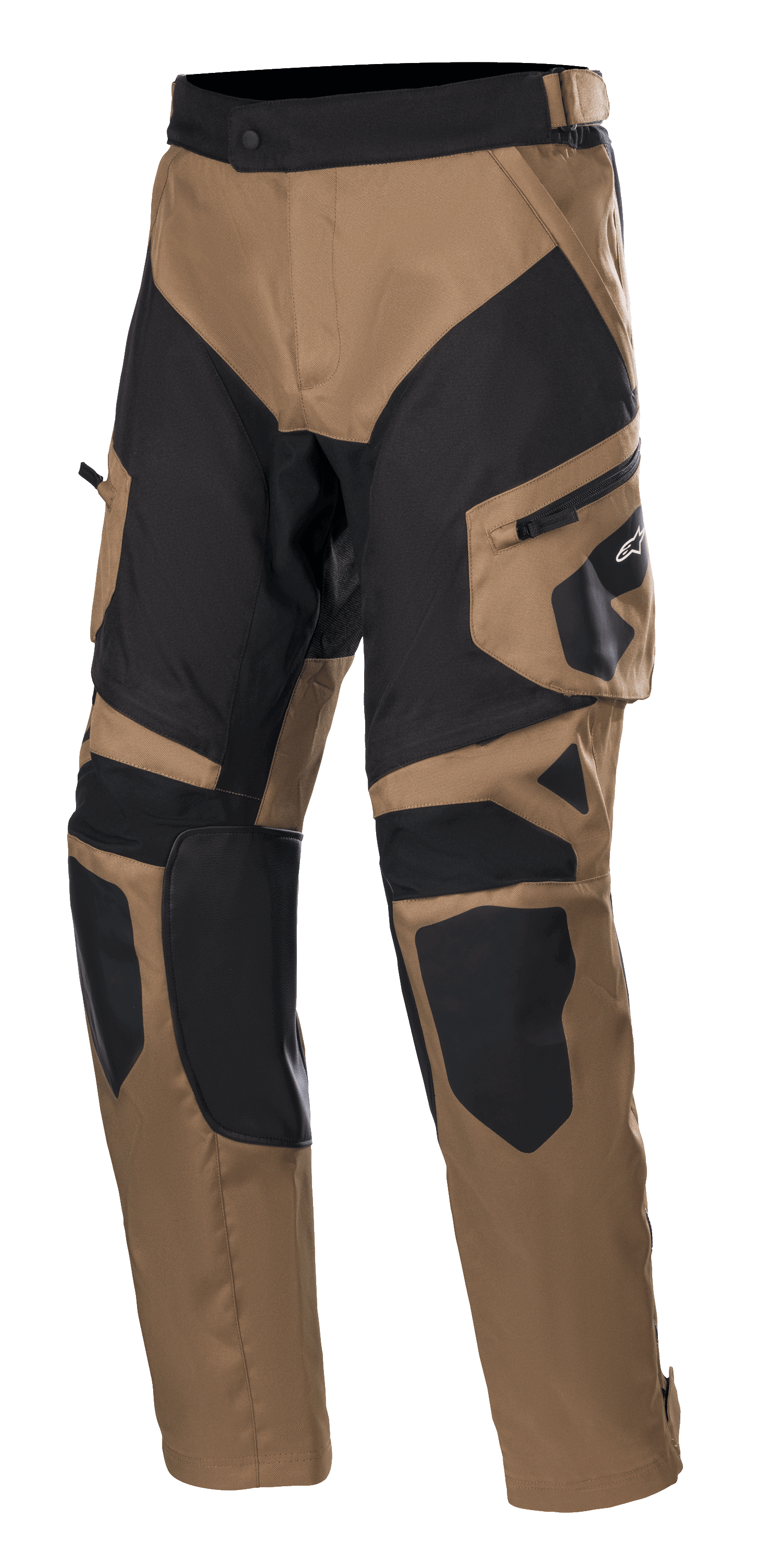 Alpinestars Venture XT Pants Over Boot, pantalon de moto Adventure Touring, camel et noir, avec panneaux renforcés aux genoux et aux cuisses, poche cargo latérale avec logo Alpinestars et sangle de taille réglable.